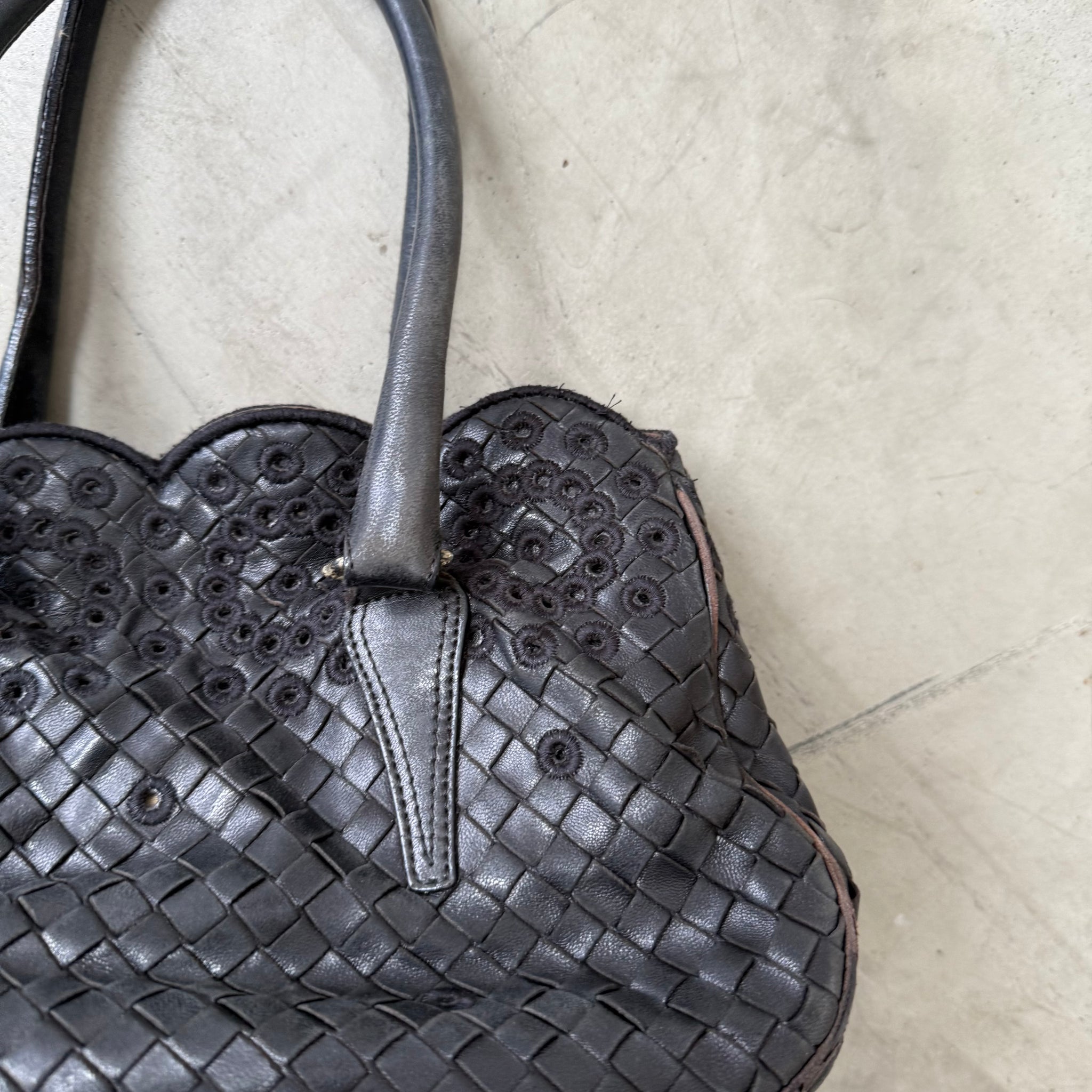 Bottega Veneta Black Flower Pattern Leather Shoulder Bag