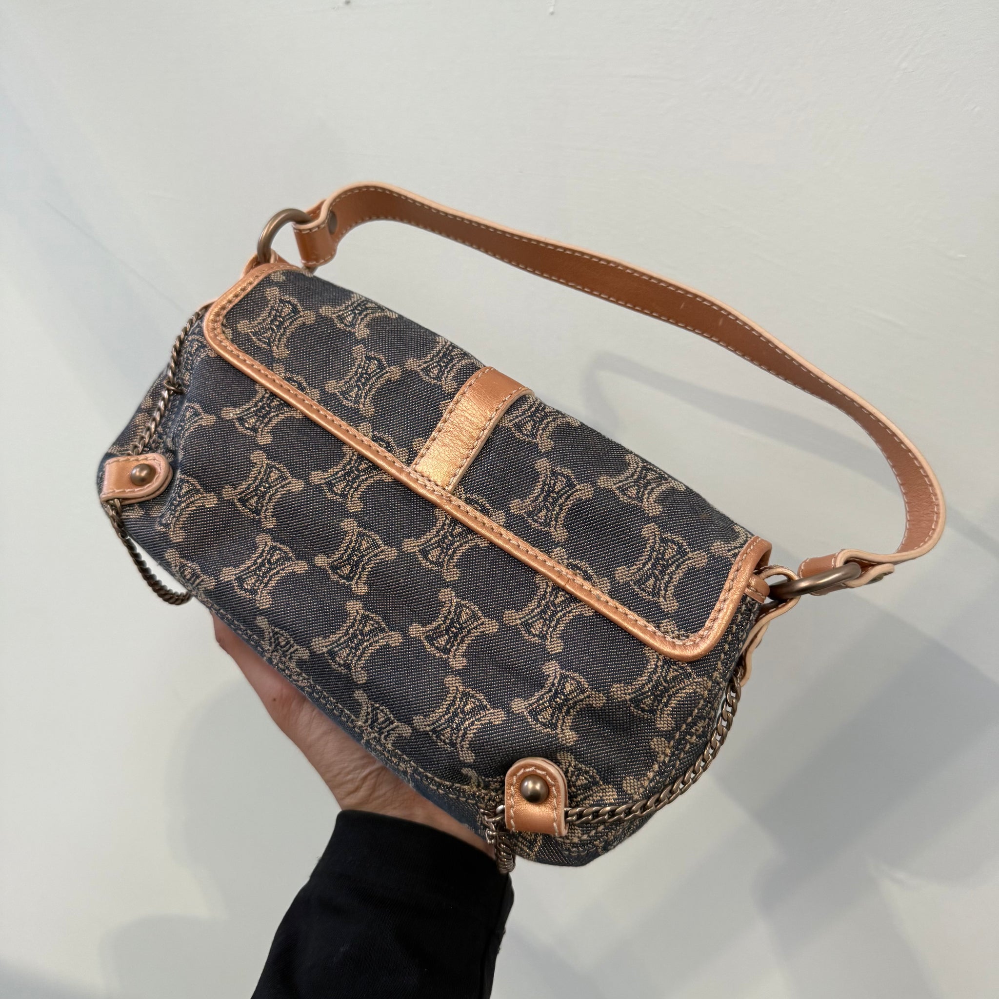 Celine Macadam Canvas Shoulder Bag Denim with Gold Chain Detail