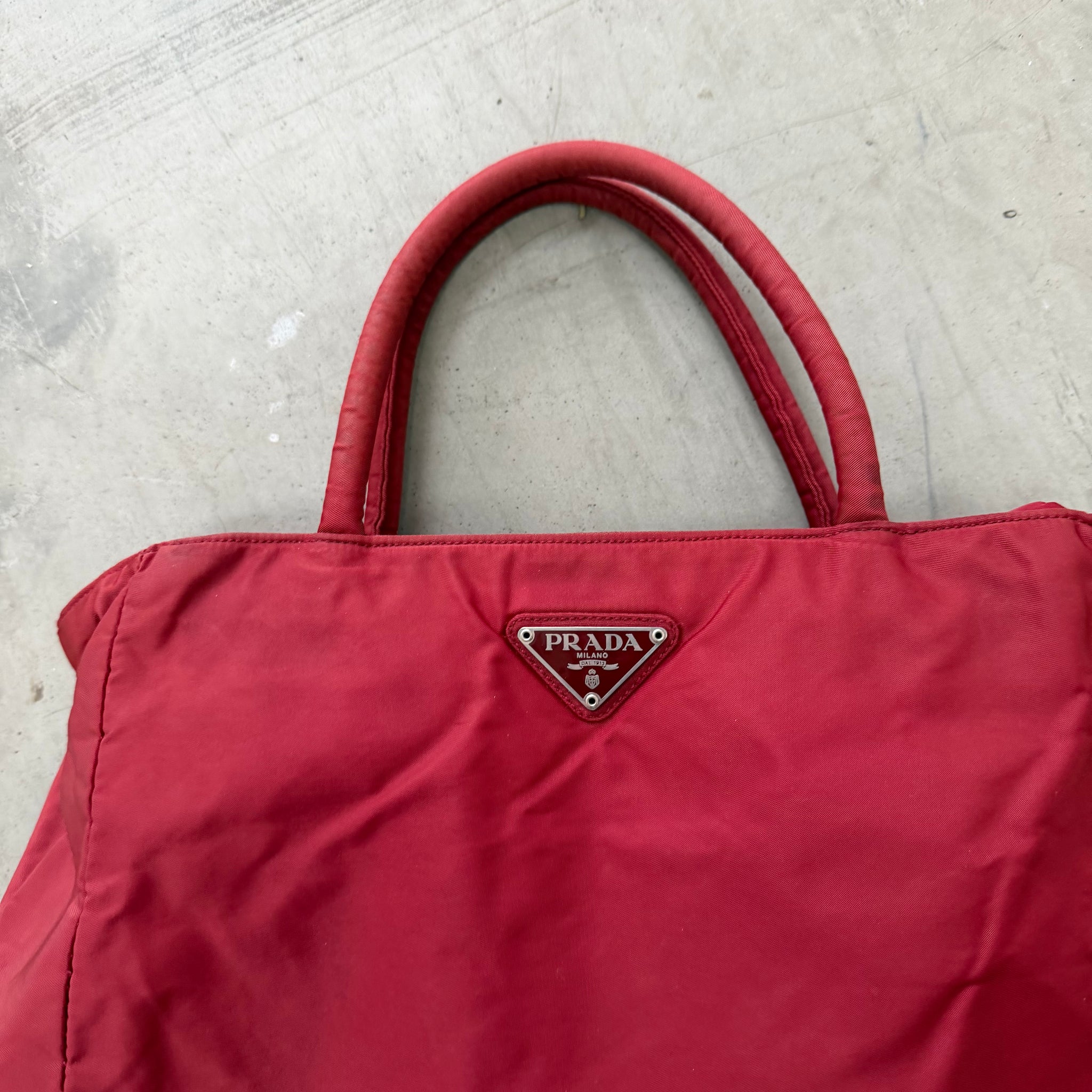 Prada Short Handle Nylon Cherry Red Tote Bag
