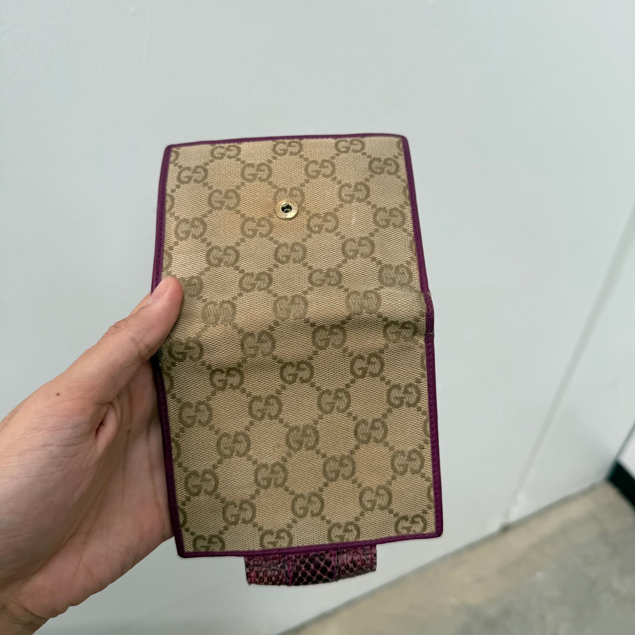 Gucci Snakeskin Canvas Leather Bifold Wallet Purple