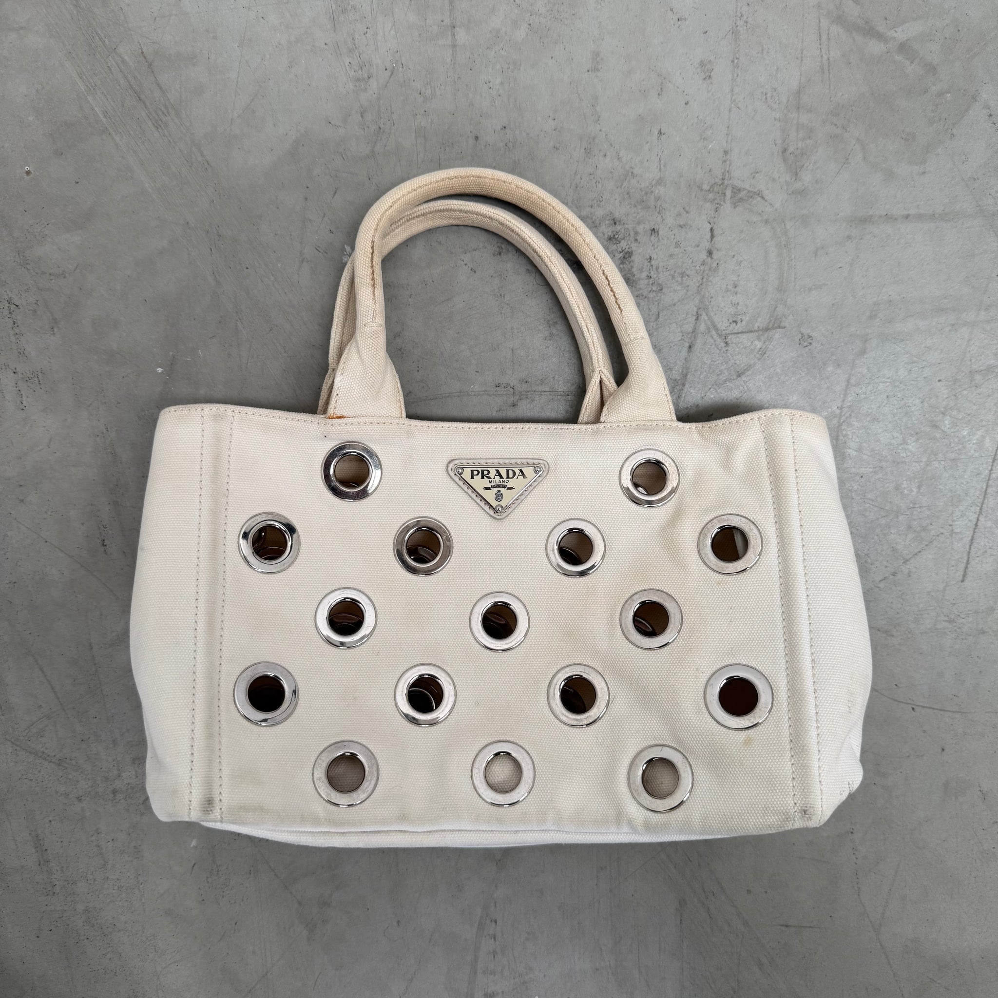Prada White Canapa Grommet Embellished Canvas Canapa Tote Bag