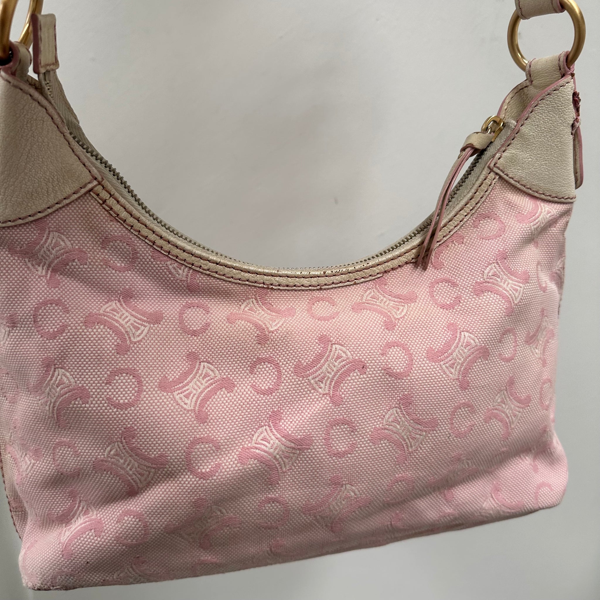 Celine Pink/White Macadam Canvas Hobo Shoulder Bag