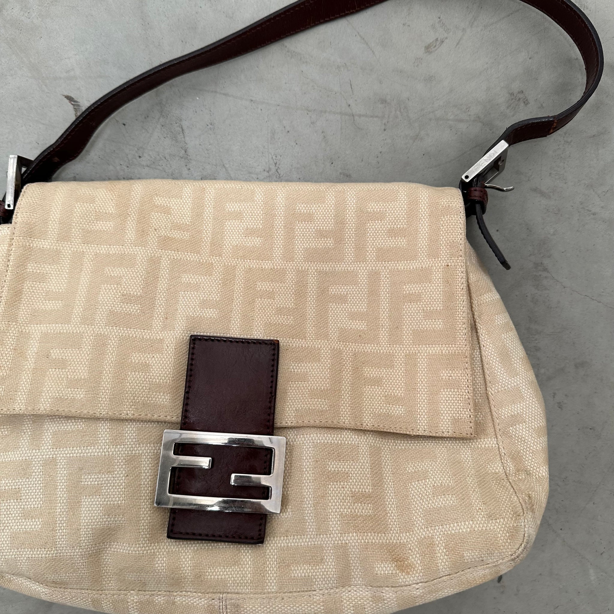 Fendi Zucca Canvas Mamma Baguette Beige Shoulder Bag