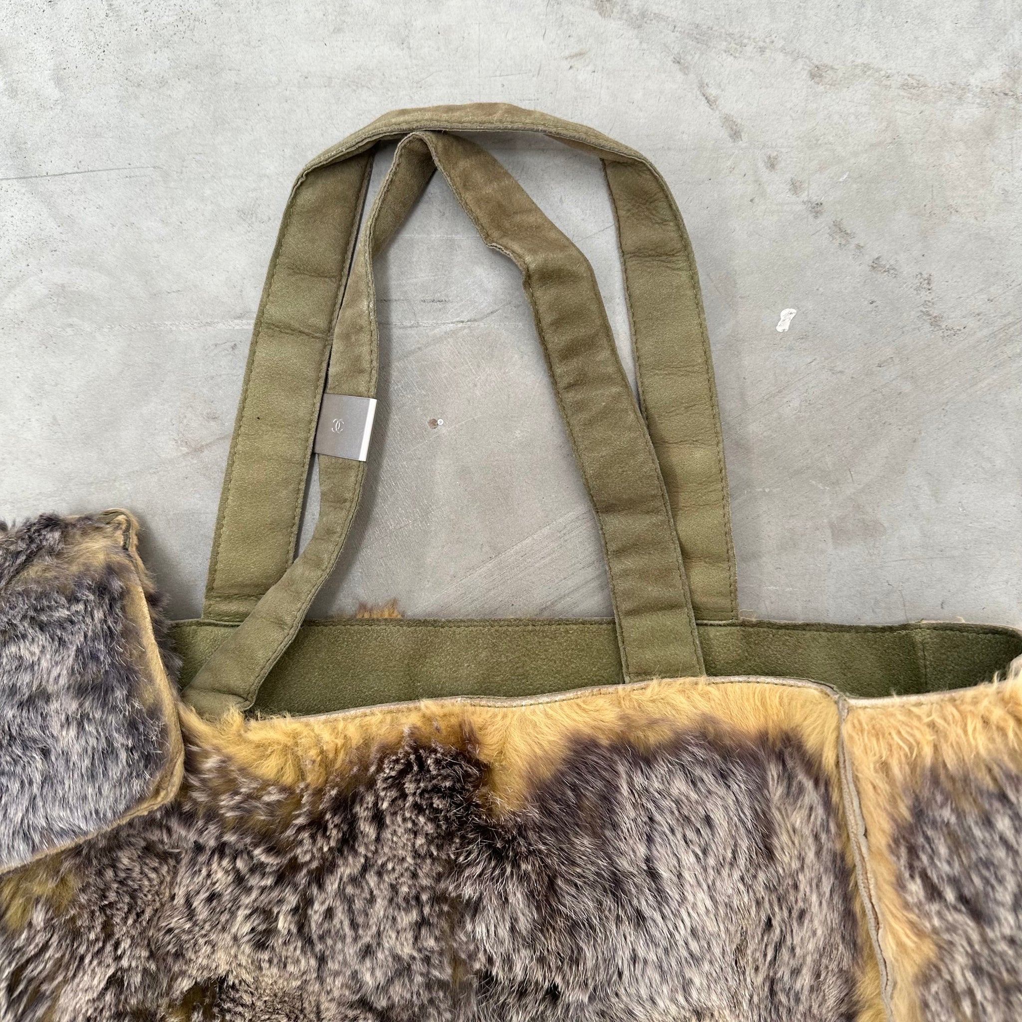 Chanel CC Logo Khaki Fur Tote Bag
