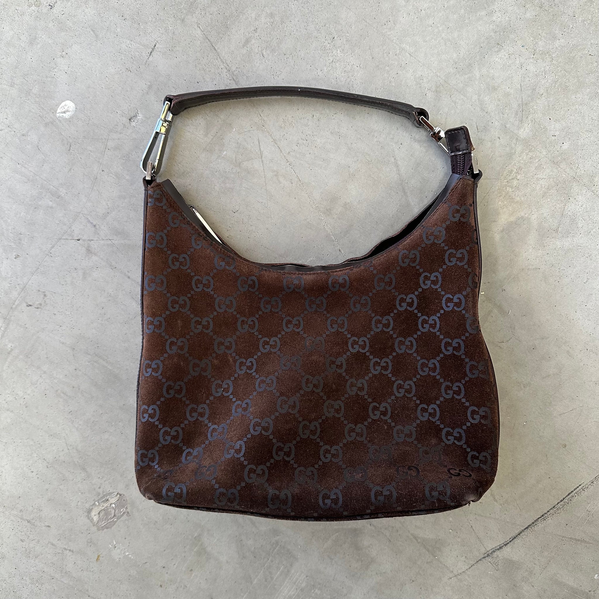 Gucci GG Shoulder Bag Suede Canvas Brown