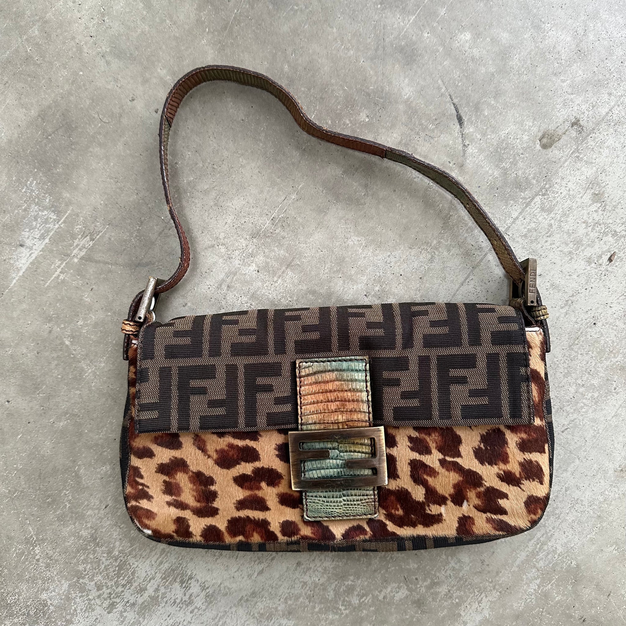 Fendi Leopard Zucca Baguette with Exotic Lizard Detailing
