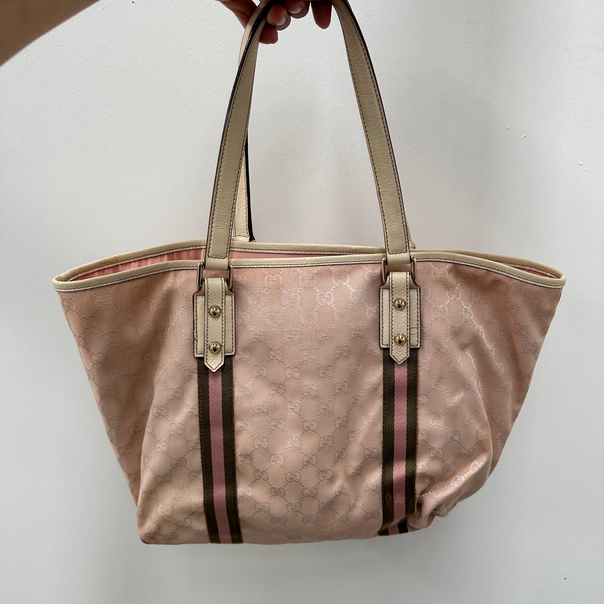 Gucci Stripe Charm Hand Bag Canvas Pink