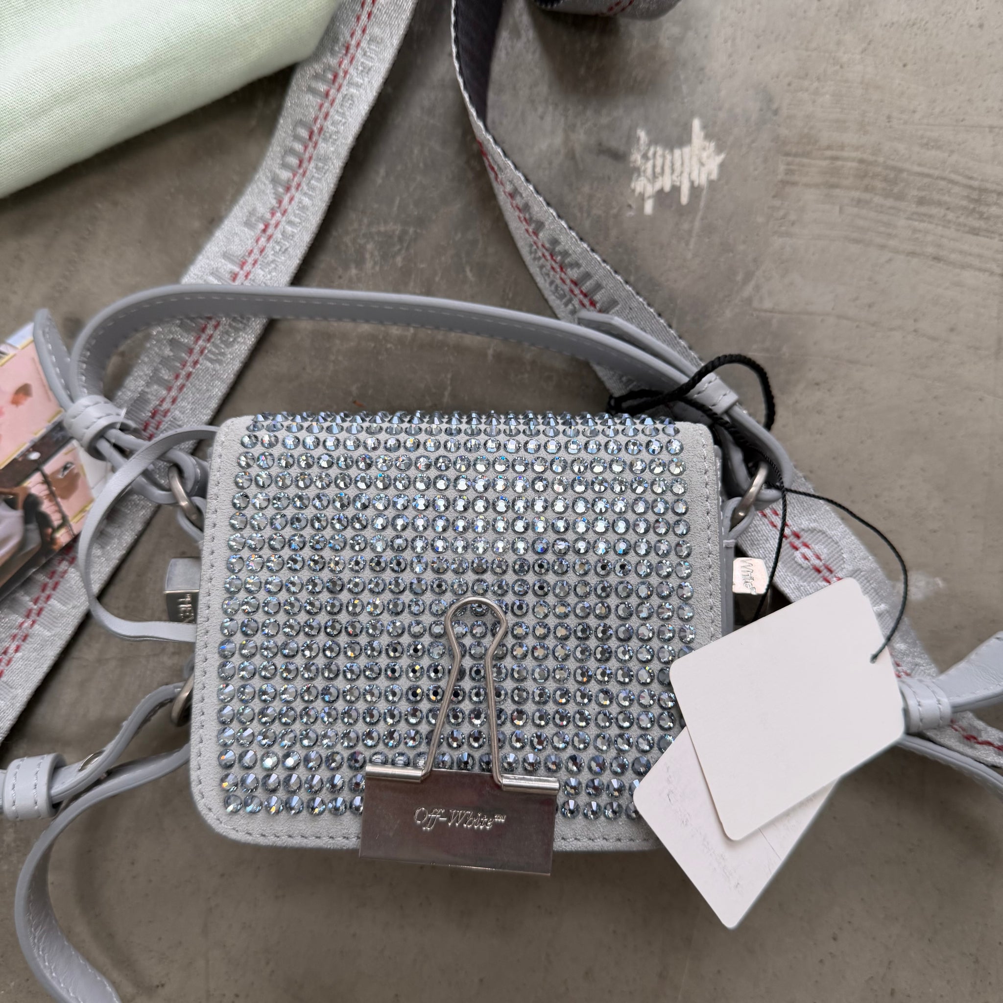 Off White Baby Binder Clip Grey Crystal Bag