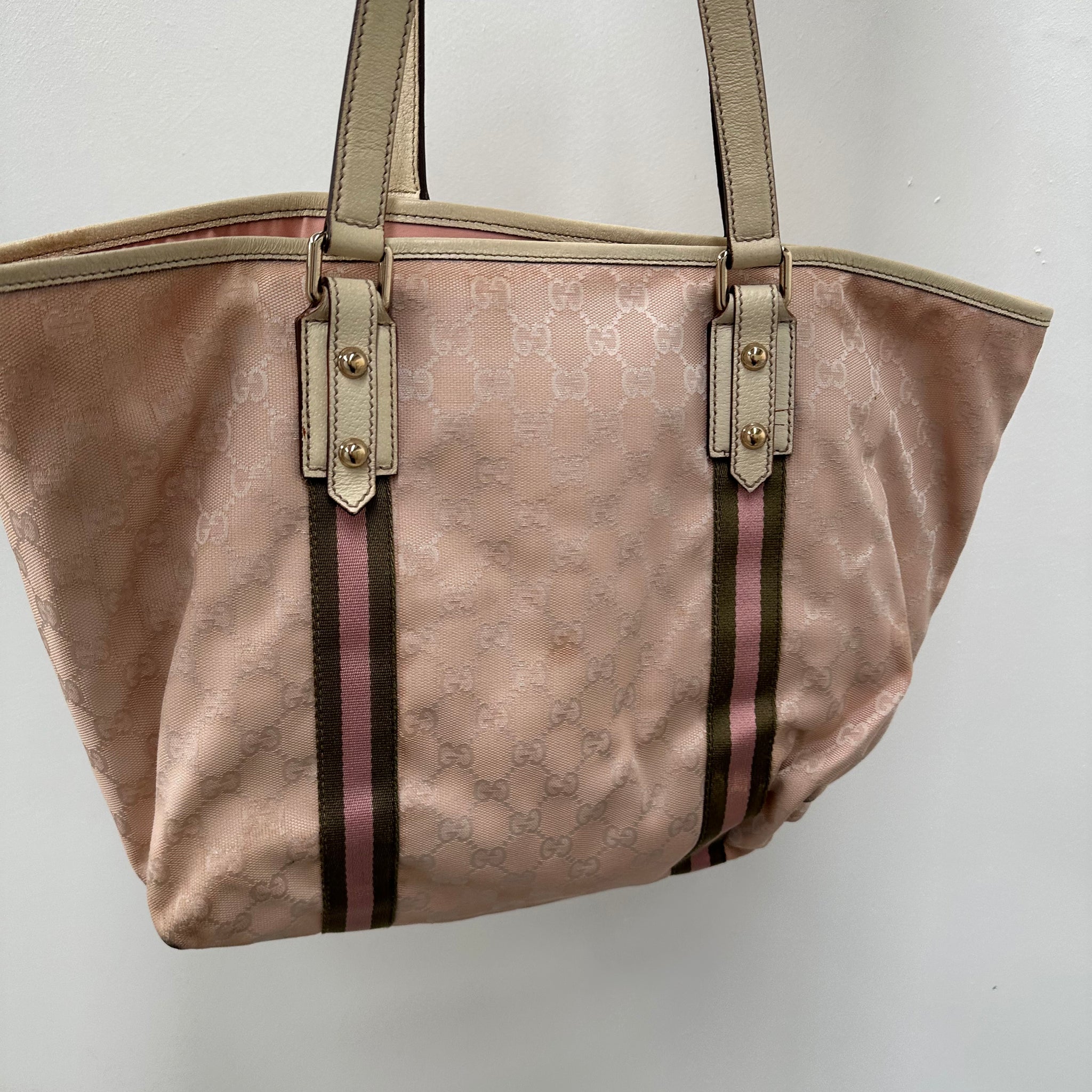Gucci Stripe Charm Hand Bag Canvas Pink