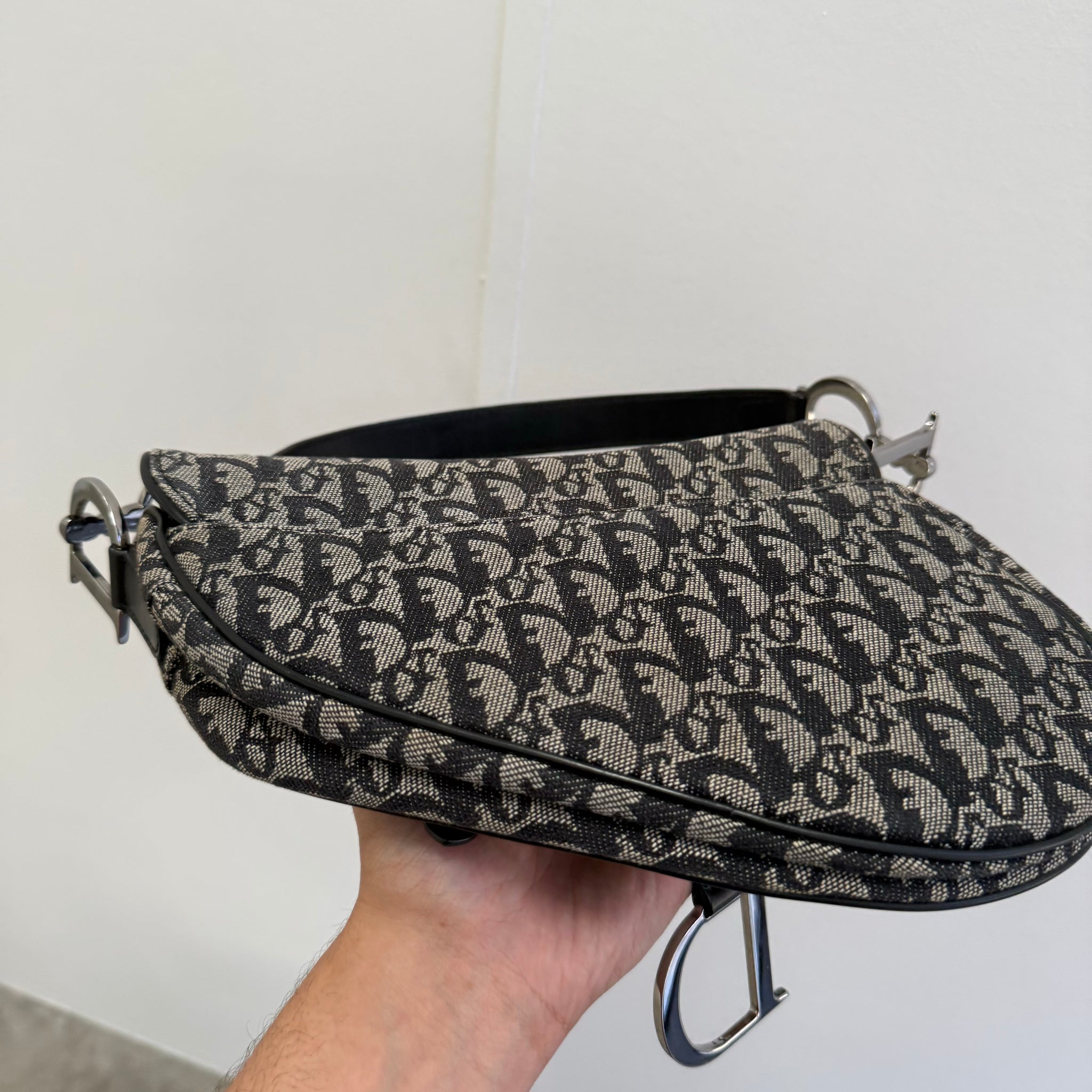 Dior Trotter Saddle Shoulder Bag Canvas Leather Navy Silver Hardware (2005)