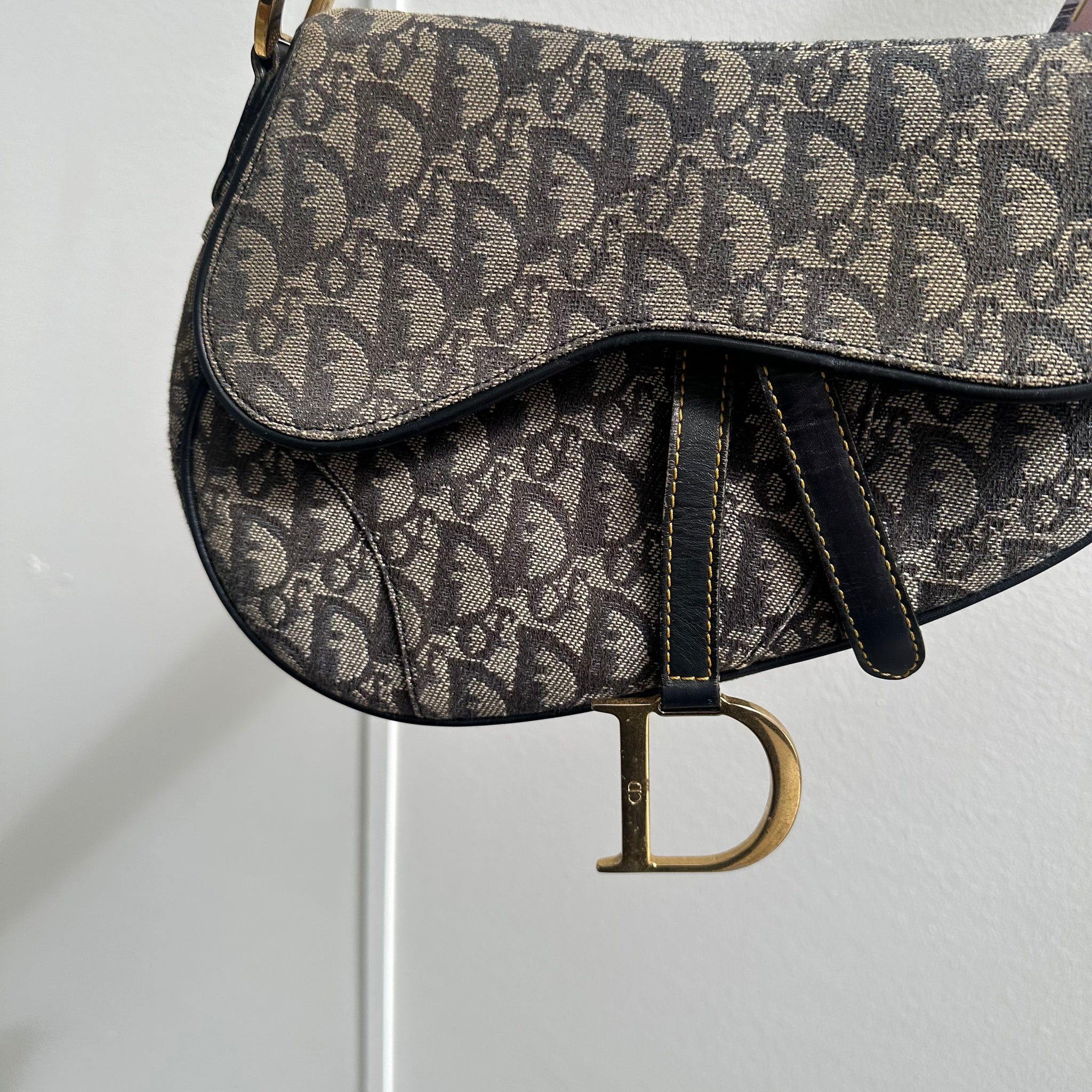 Dior Trotter Saddle Shoulder Bag Canvas Leather Navy Gold Hardware (2003)