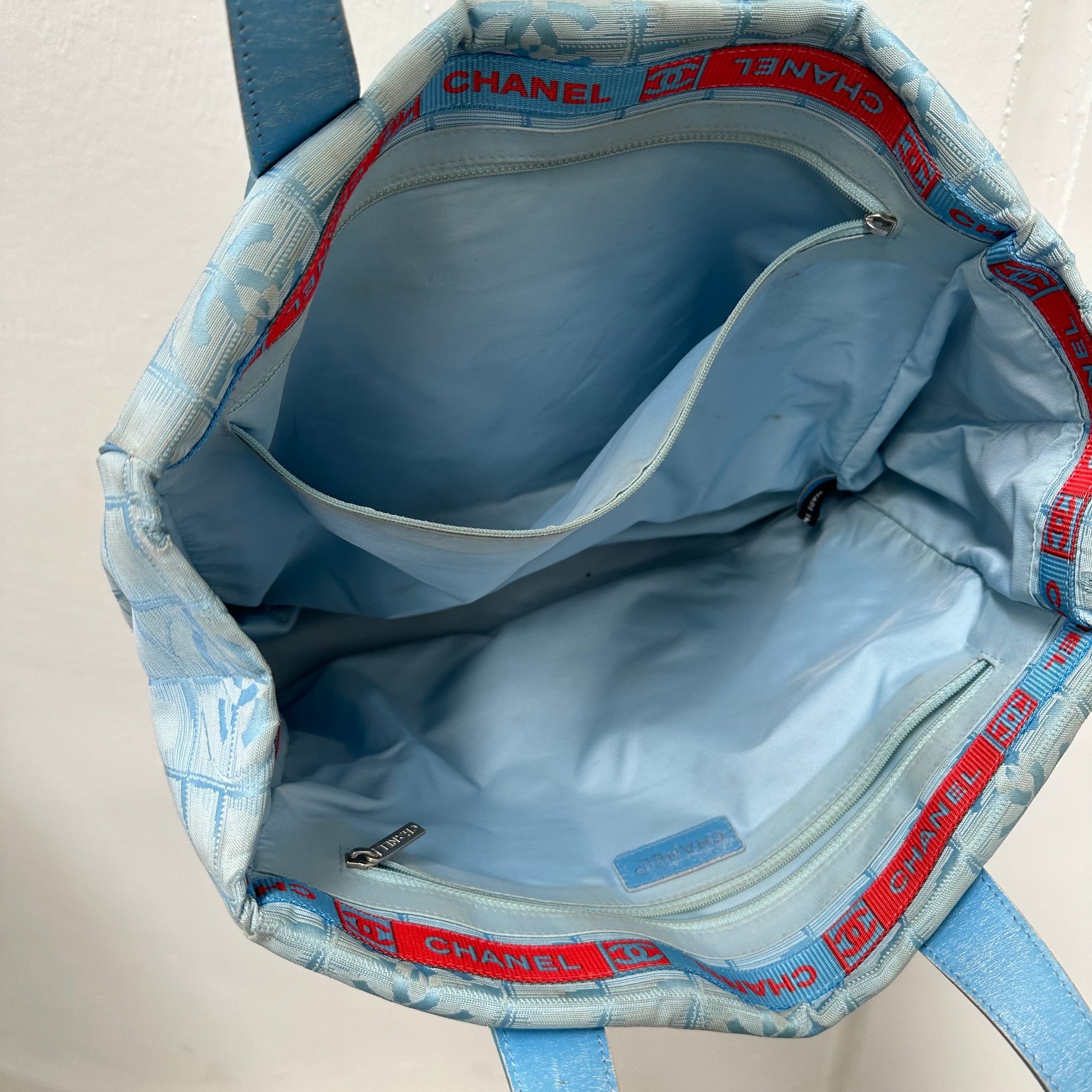 Chanel Travel Line Jacquard Nylon Tote Bag Light Blue