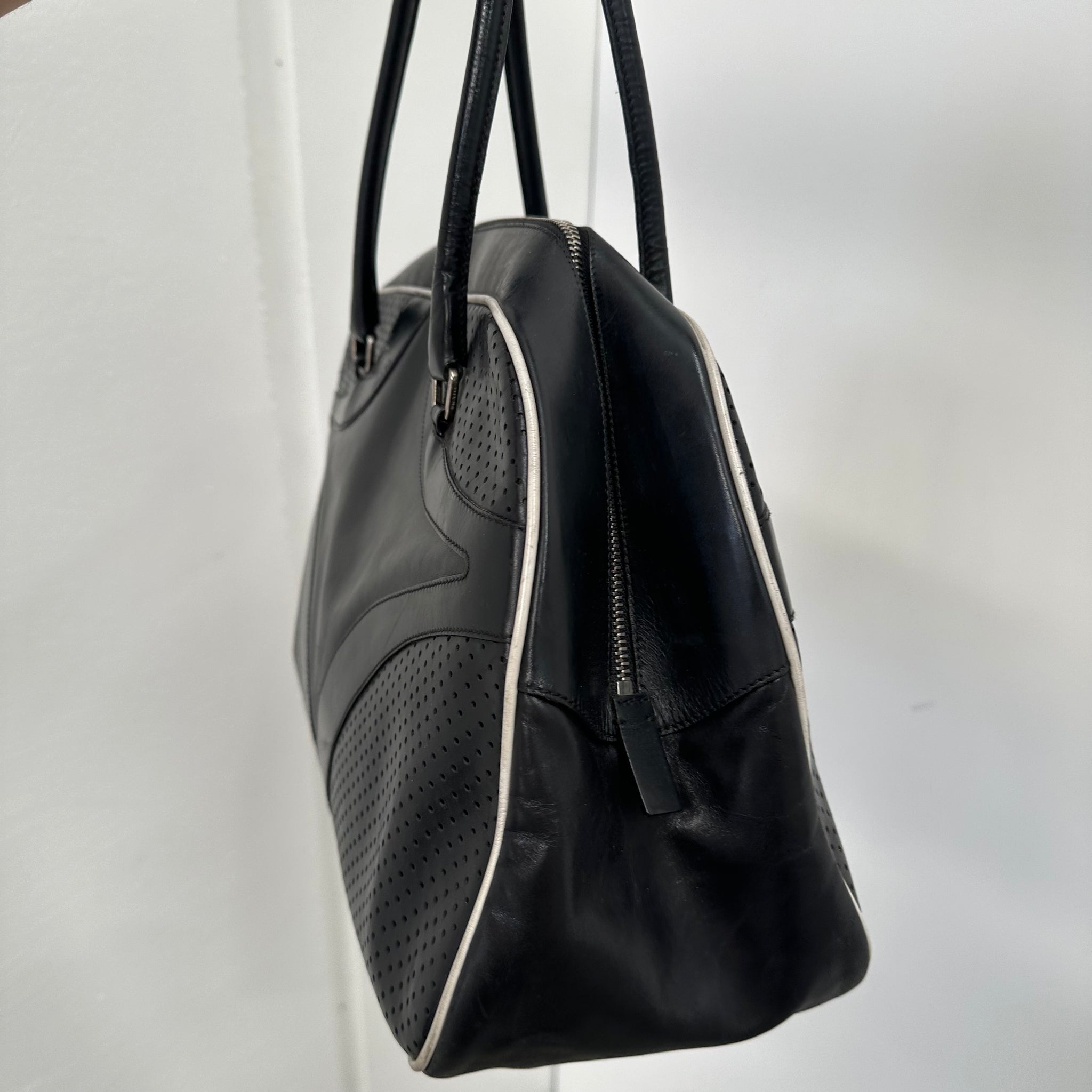 Prada Black Perforated Leather Drive Bowler Bag