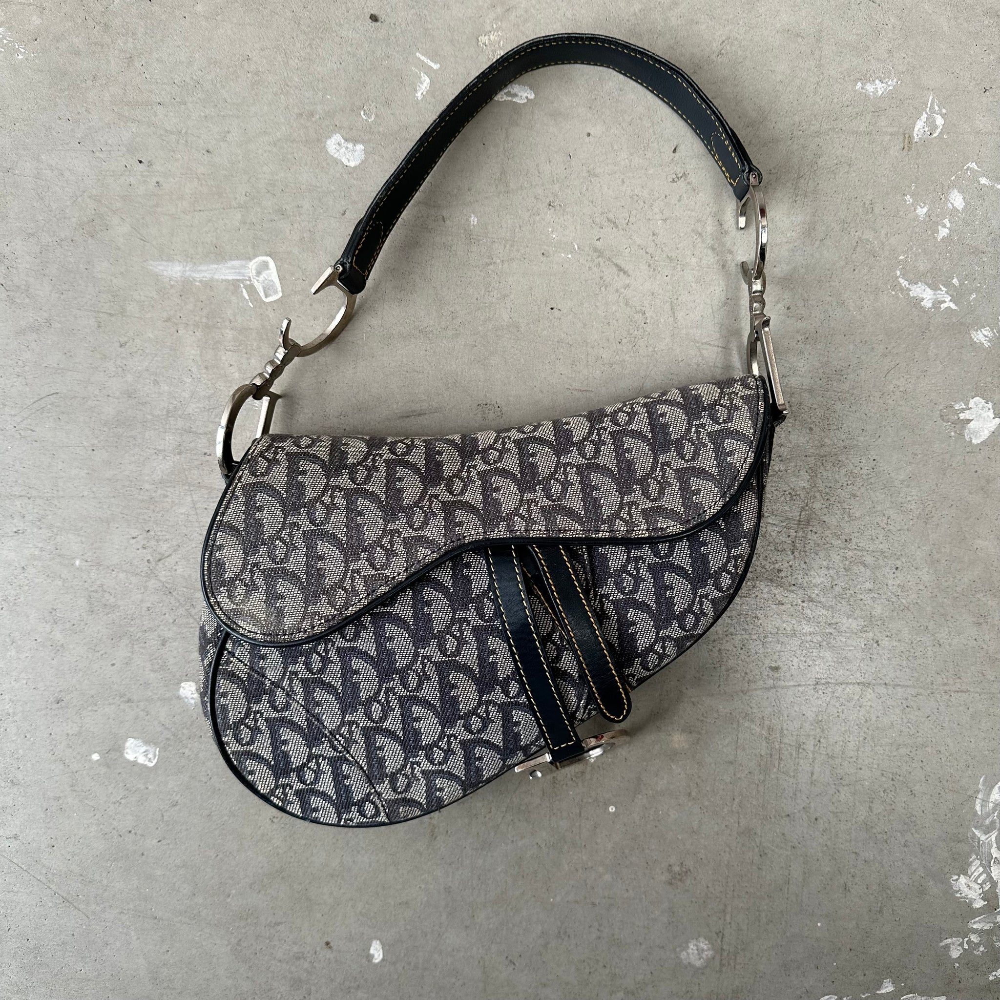 Dior Trotter Saddle Shoulder Bag Canvas Leather Navy Silver Hardware (2003)