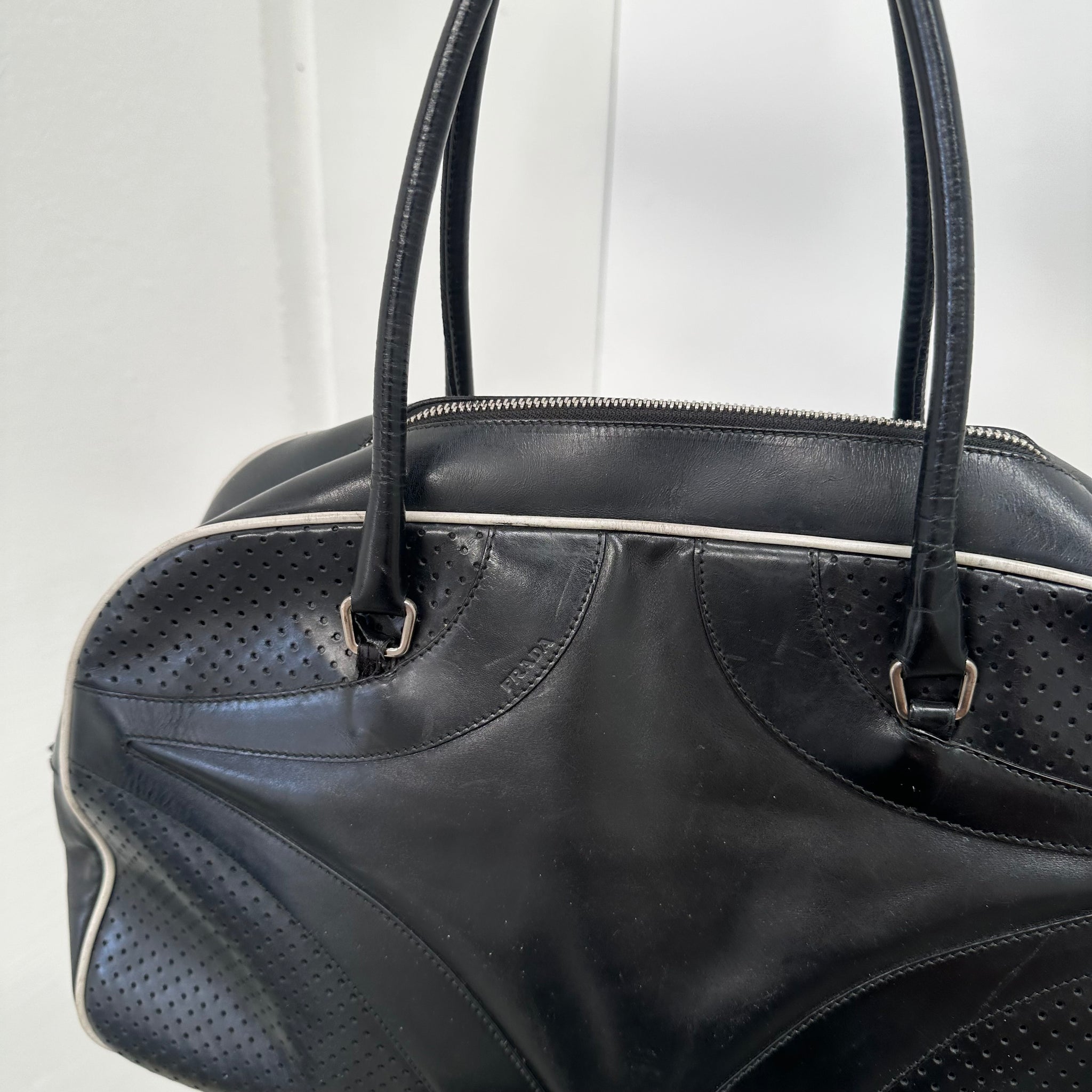 Prada Black Perforated Leather Drive Bowler Bag