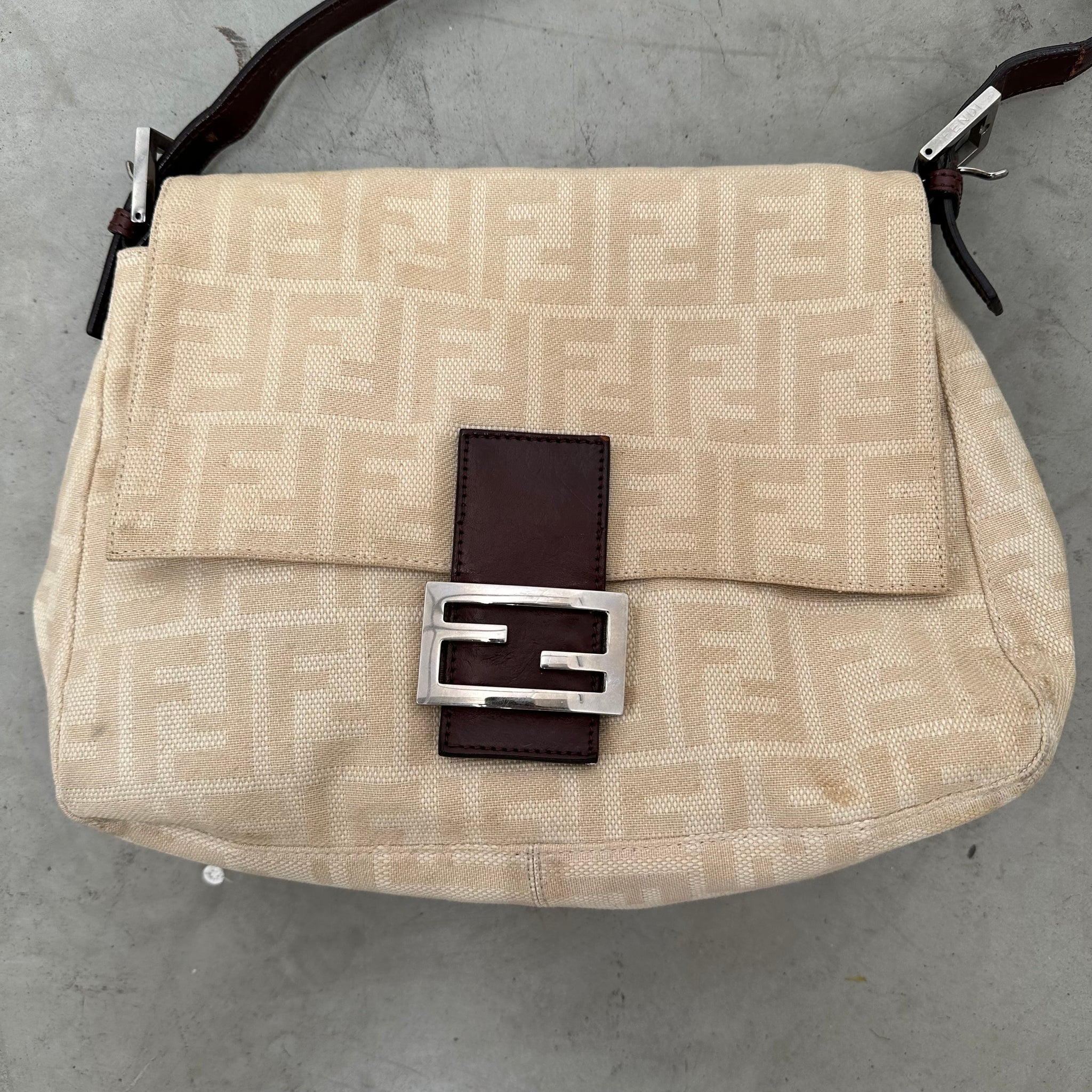 Fendi Zucca Canvas Mamma Baguette Beige Shoulder Bag