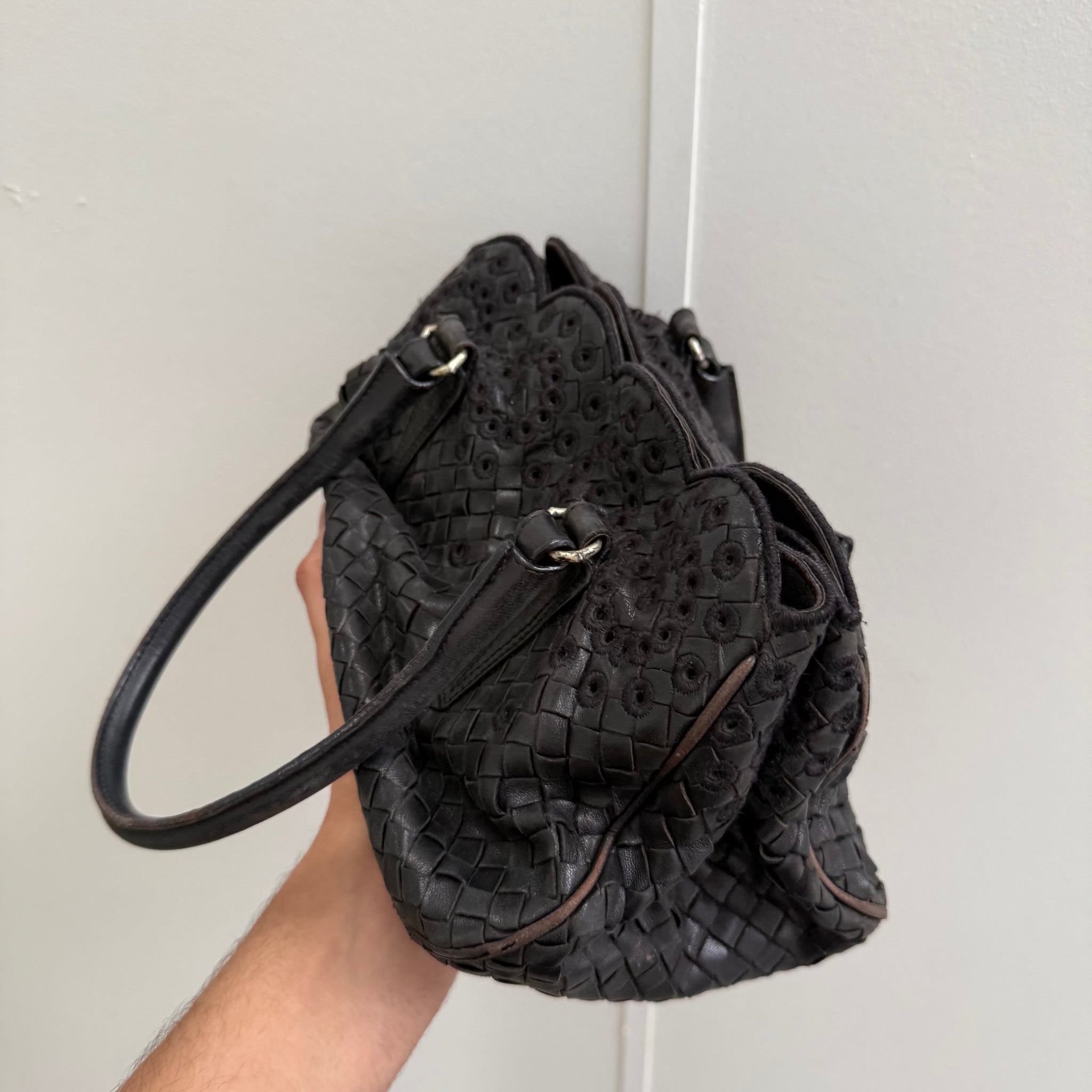 Bottega Veneta Black Flower Pattern Leather Shoulder Bag