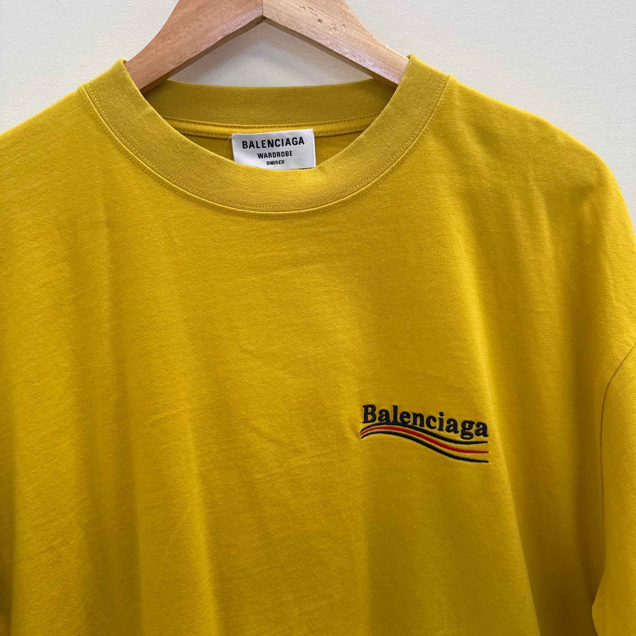 Balenciaga Embroided Campaign Yellow Logo T Shirt (fits L-XL)