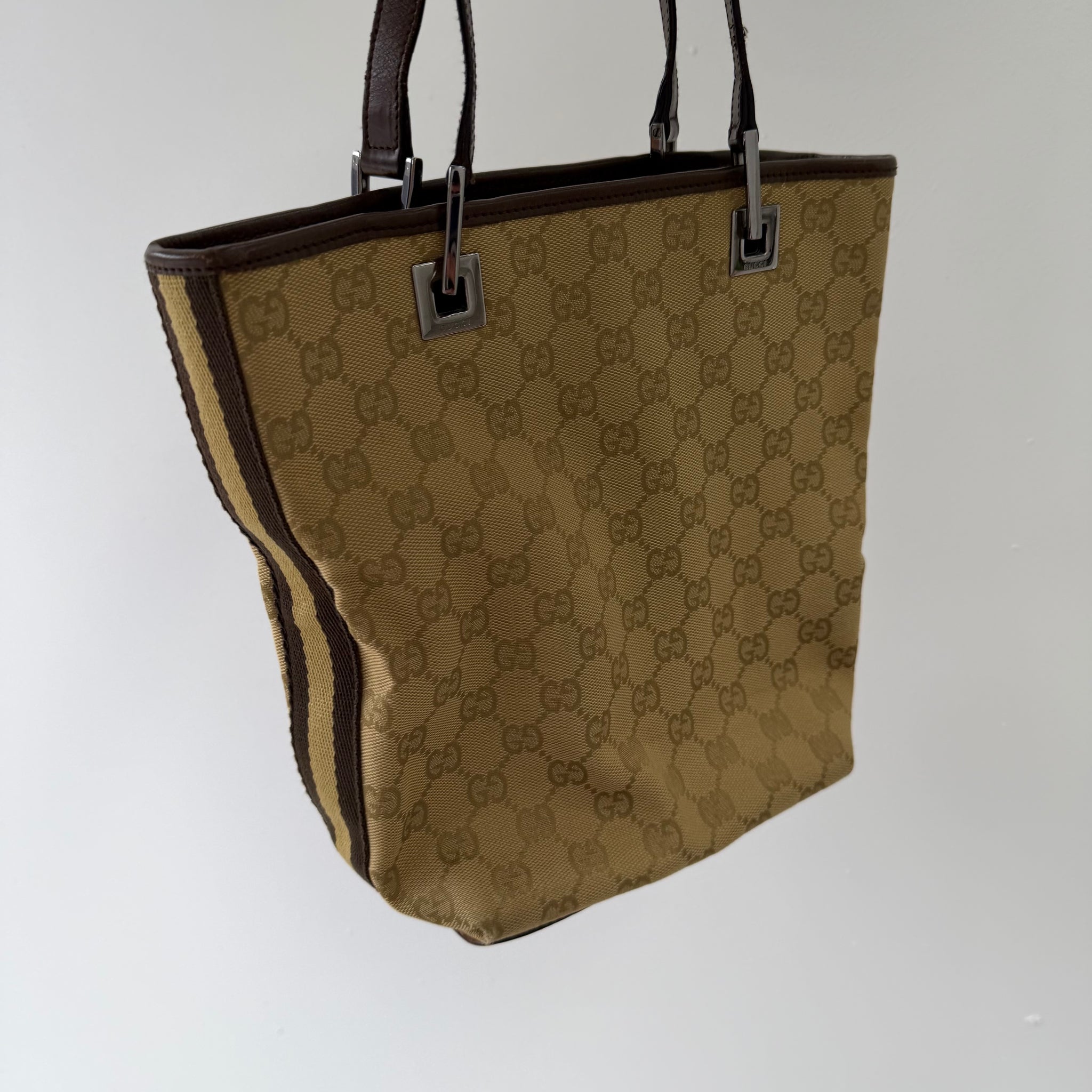 Gucci Side Stripe Metal Square Tote Bag Beige Canvas