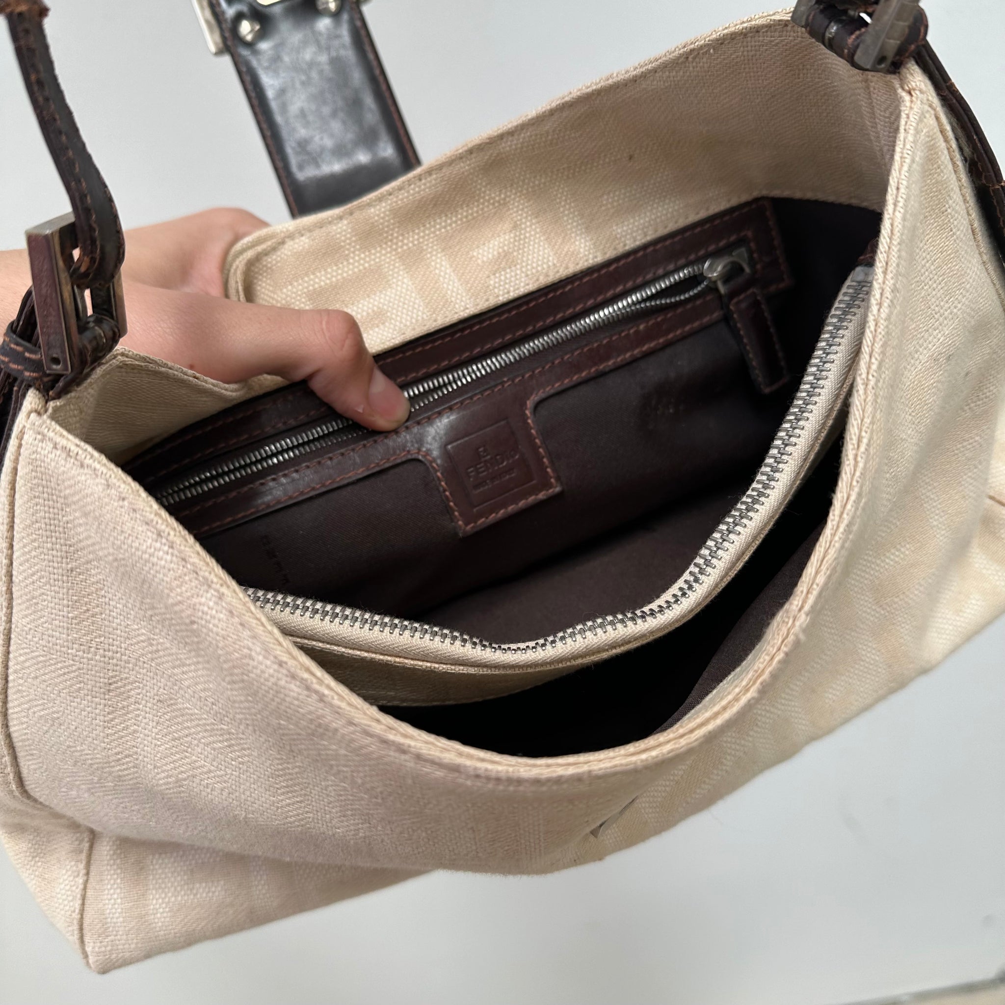 Fendi Zucca Canvas Mamma Baguette Shoulder Bag Cream