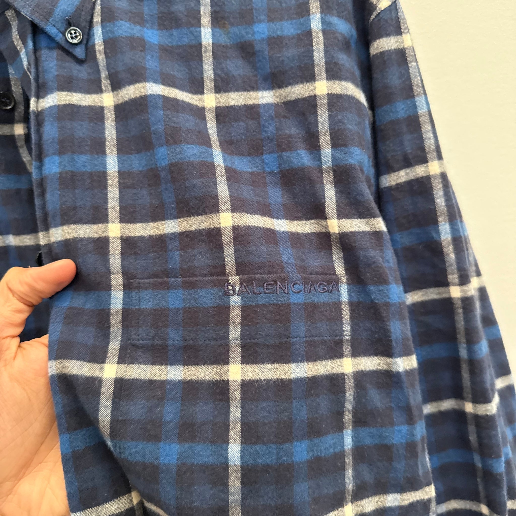 Balenciaga 2017 Plaid Blue Button Up Shirt (Size 38)