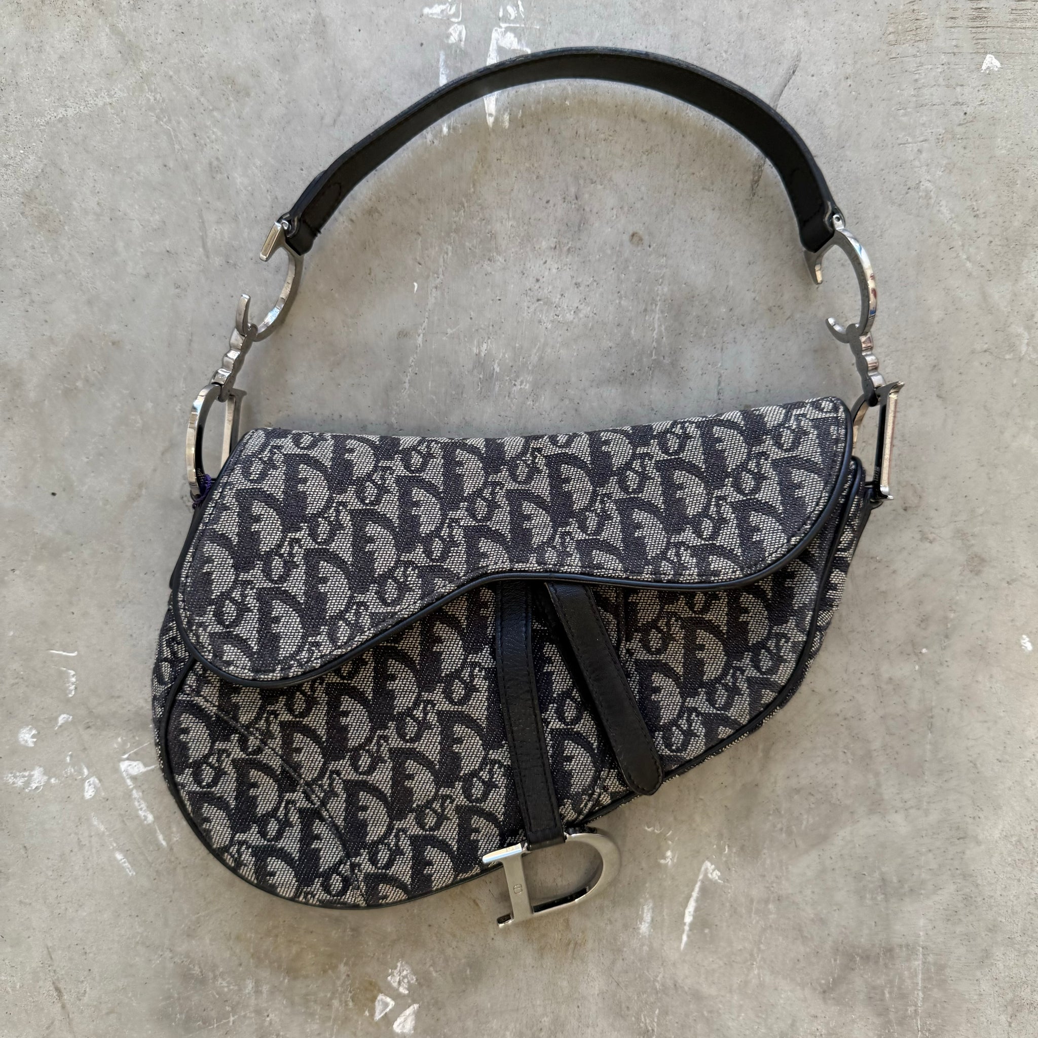 Dior Trotter Saddle Shoulder Bag Canvas Leather Navy Silver Hardware (2005)