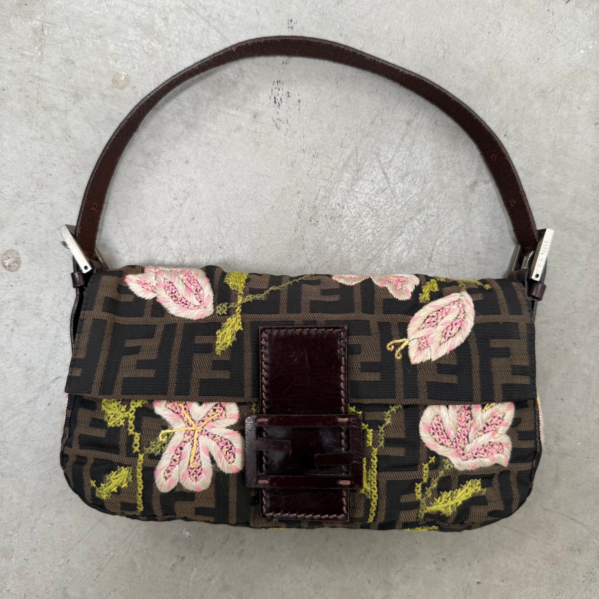 Fendi Baguette Brown Flower Detail Bag