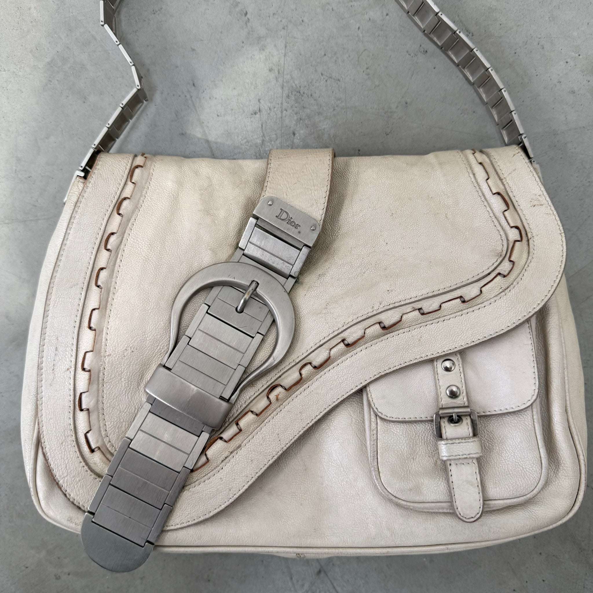 Dior White Leather Gaucho Double Saddle Shoulder Bag (2006)