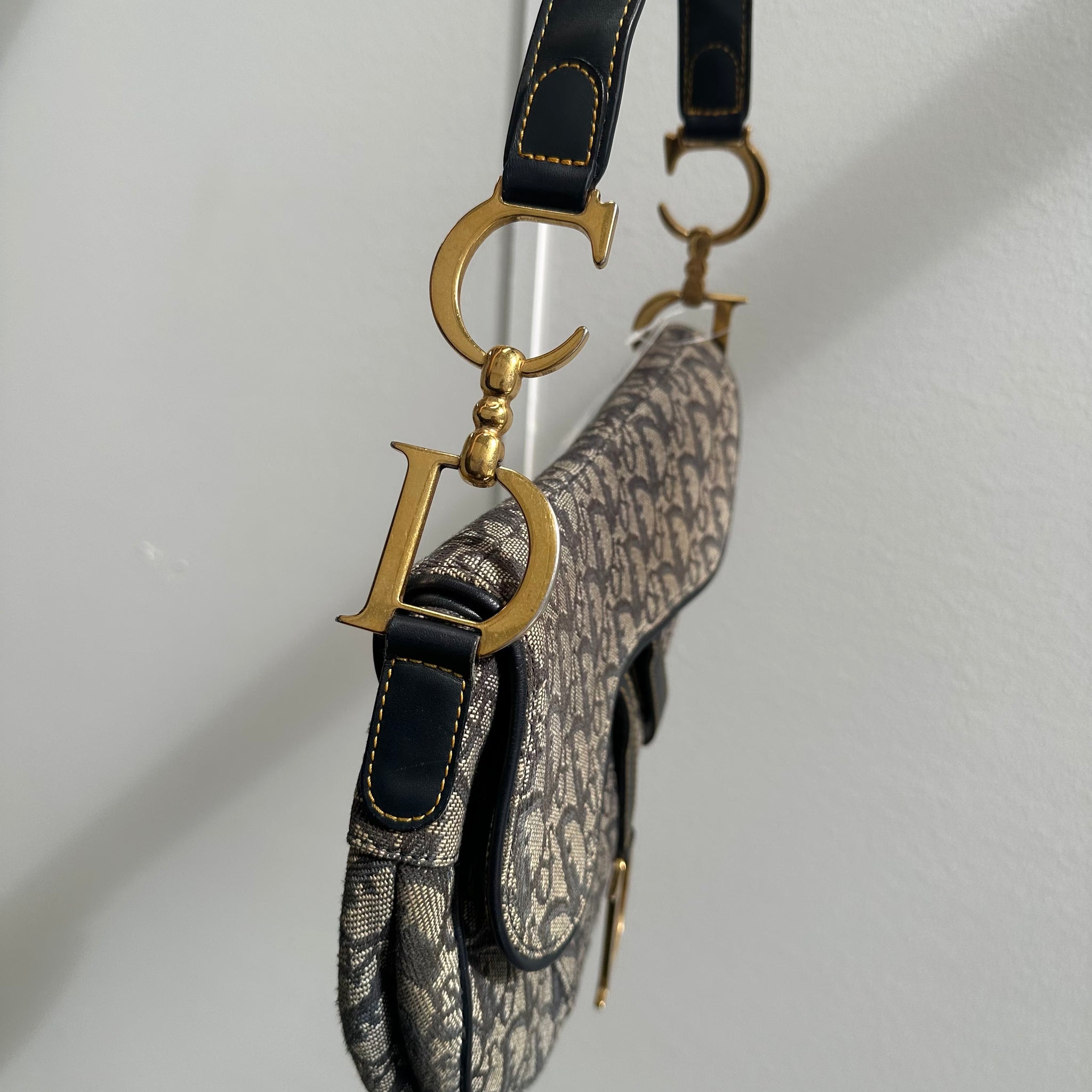 Dior Trotter Saddle Shoulder Bag Canvas Leather Navy Gold Hardware (2003)