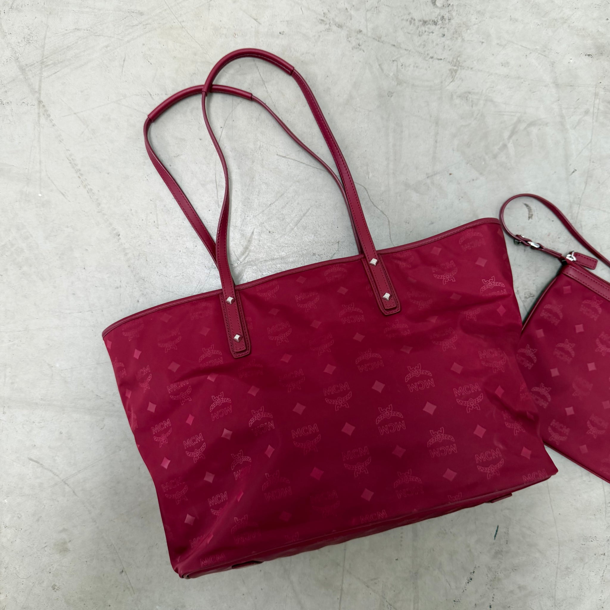 MCM Nylon Red Tote Bag with Shoulder Bag (2 Piece)