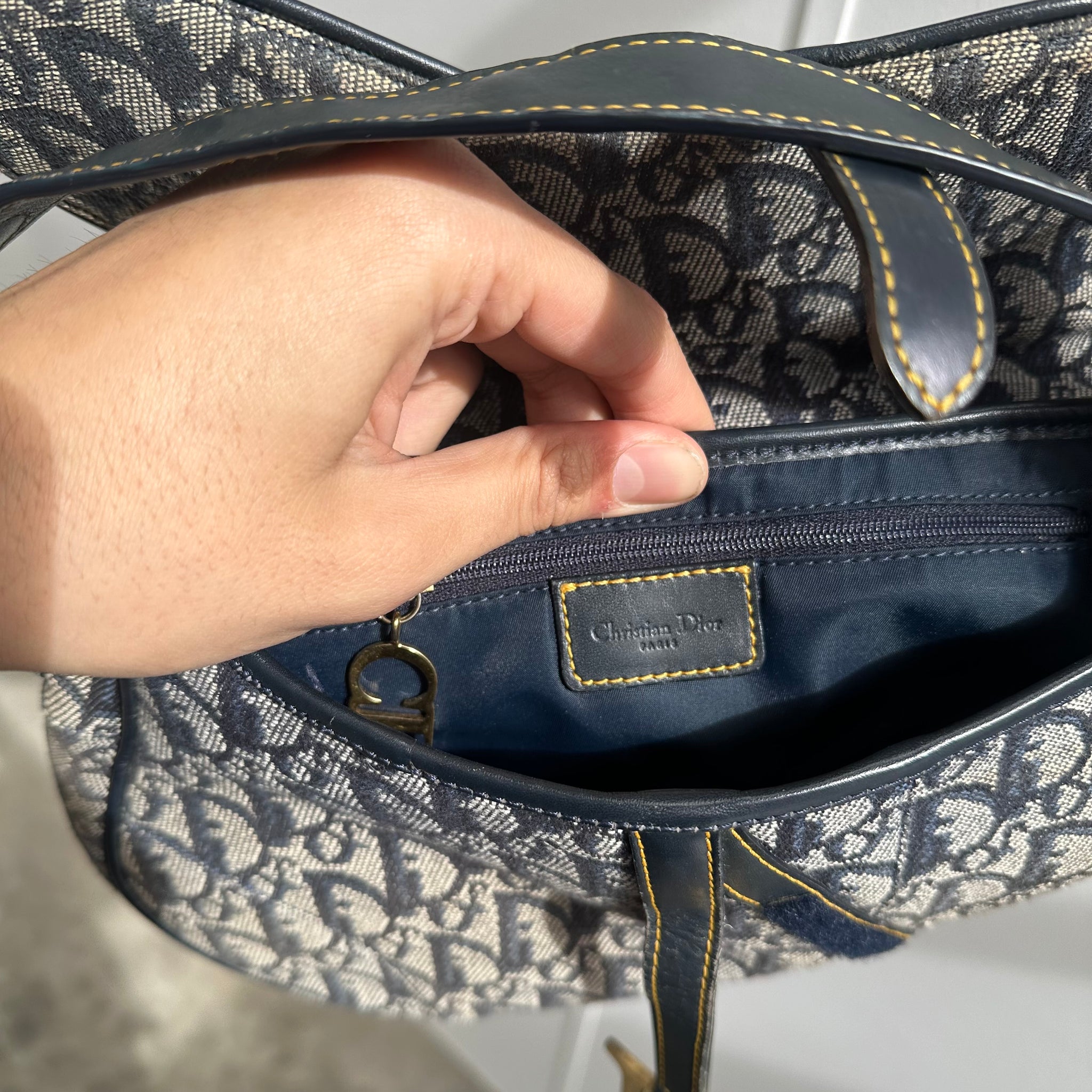 Dior Trotter Saddle Shoulder Bag Canvas Leather Navy Gold Hardware (2003)