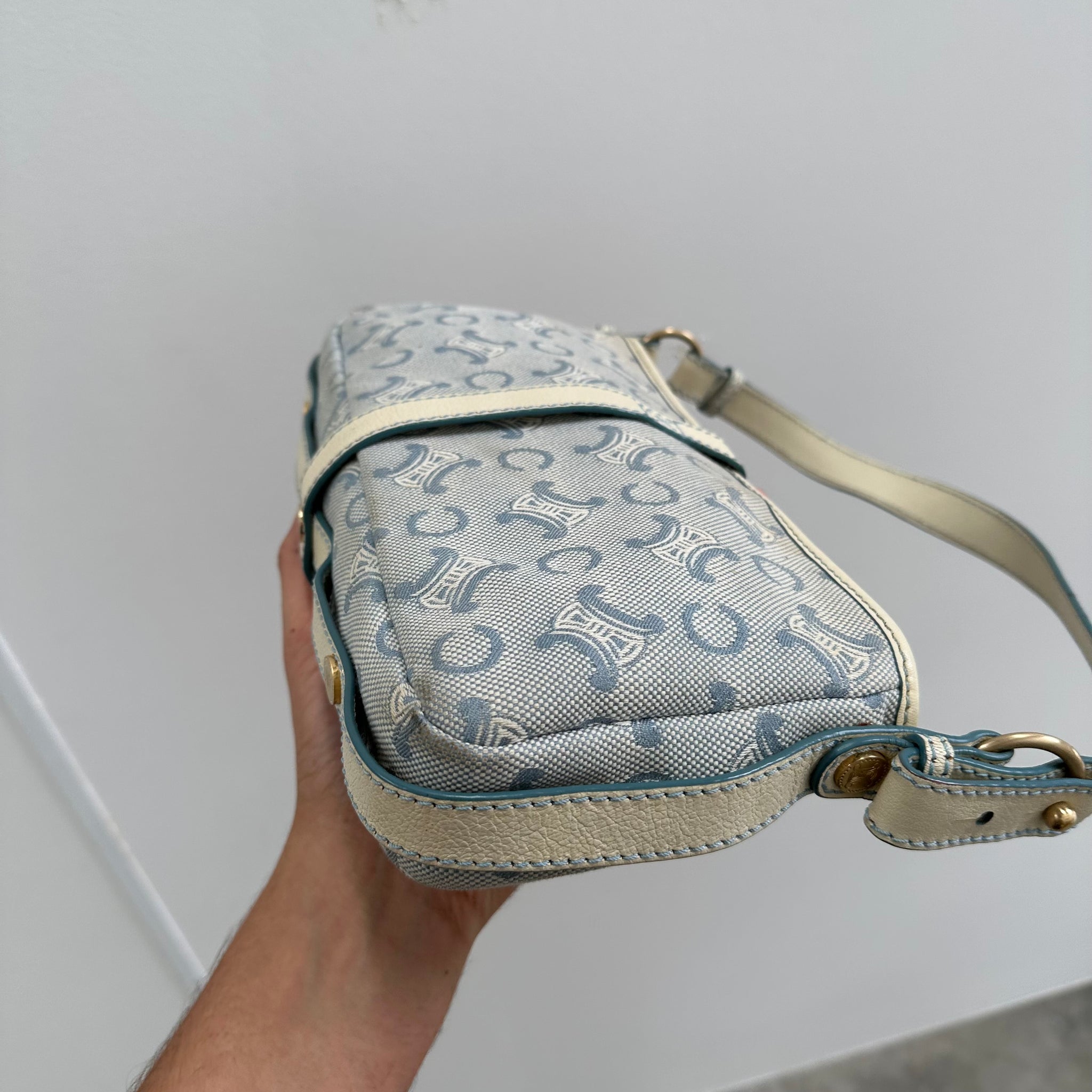 Celine Blue/White Macadam Canvas Hobo Shoulder Bag