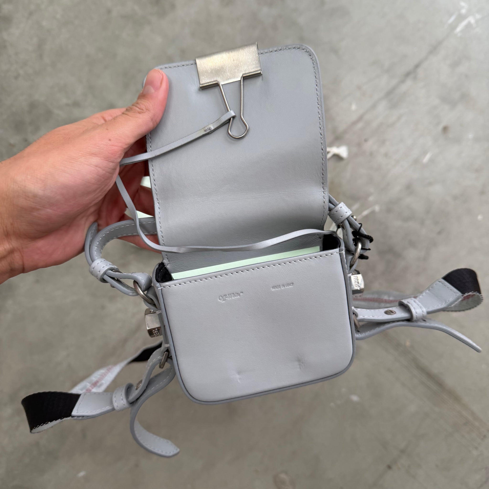 Off White Baby Binder Clip Grey Crystal Bag