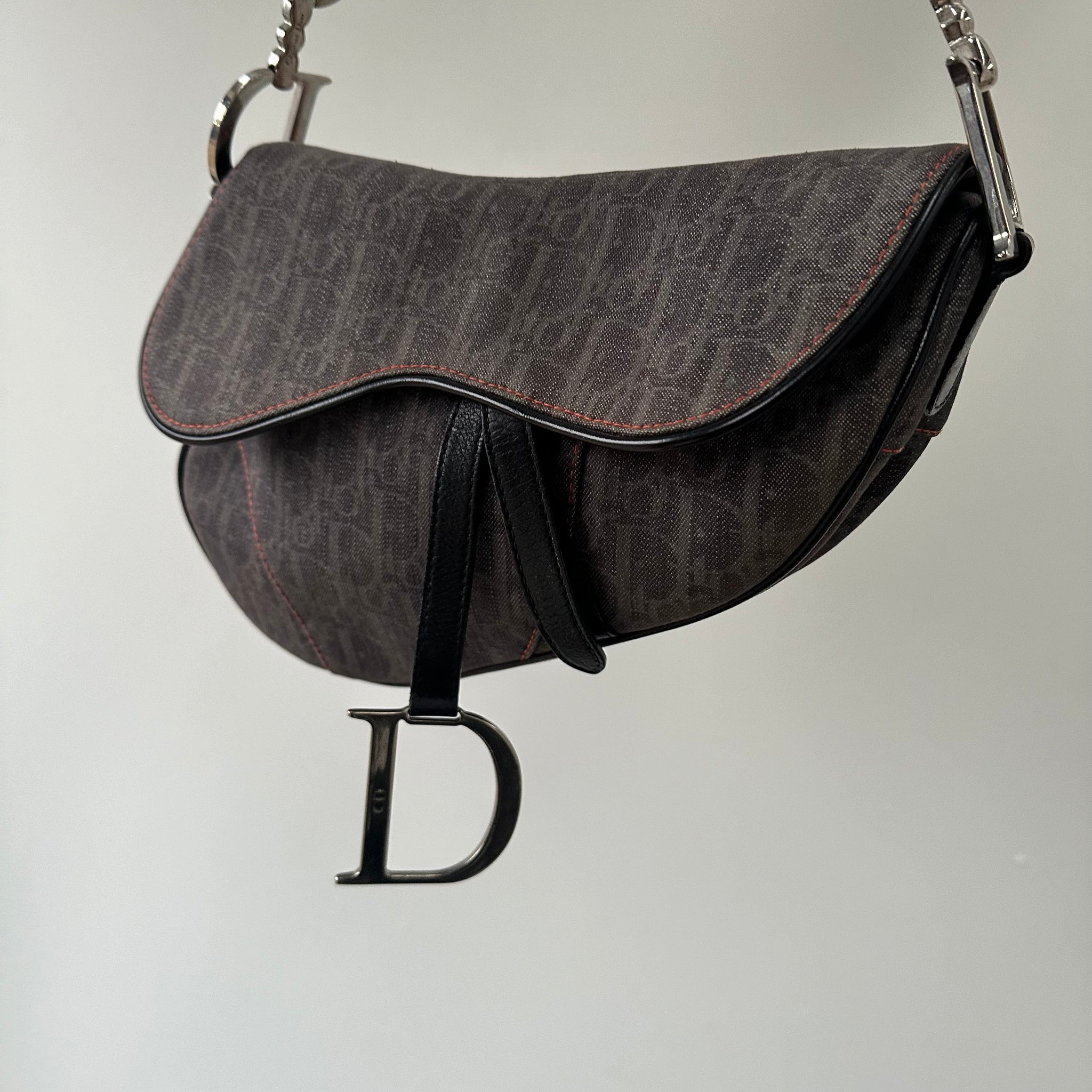 Dior Trotter Saddle Shoulder Bag Black Denim Silver Hardware (2005)