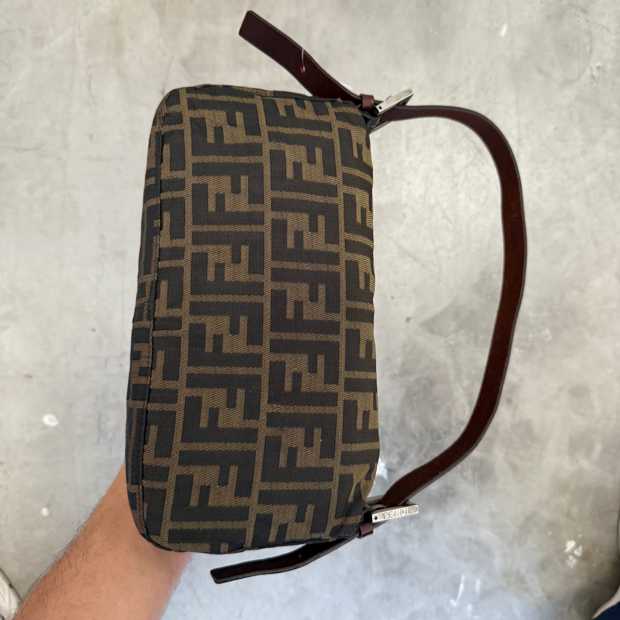 Fendi Zucca Print Baguette Bag with Pink Buckle