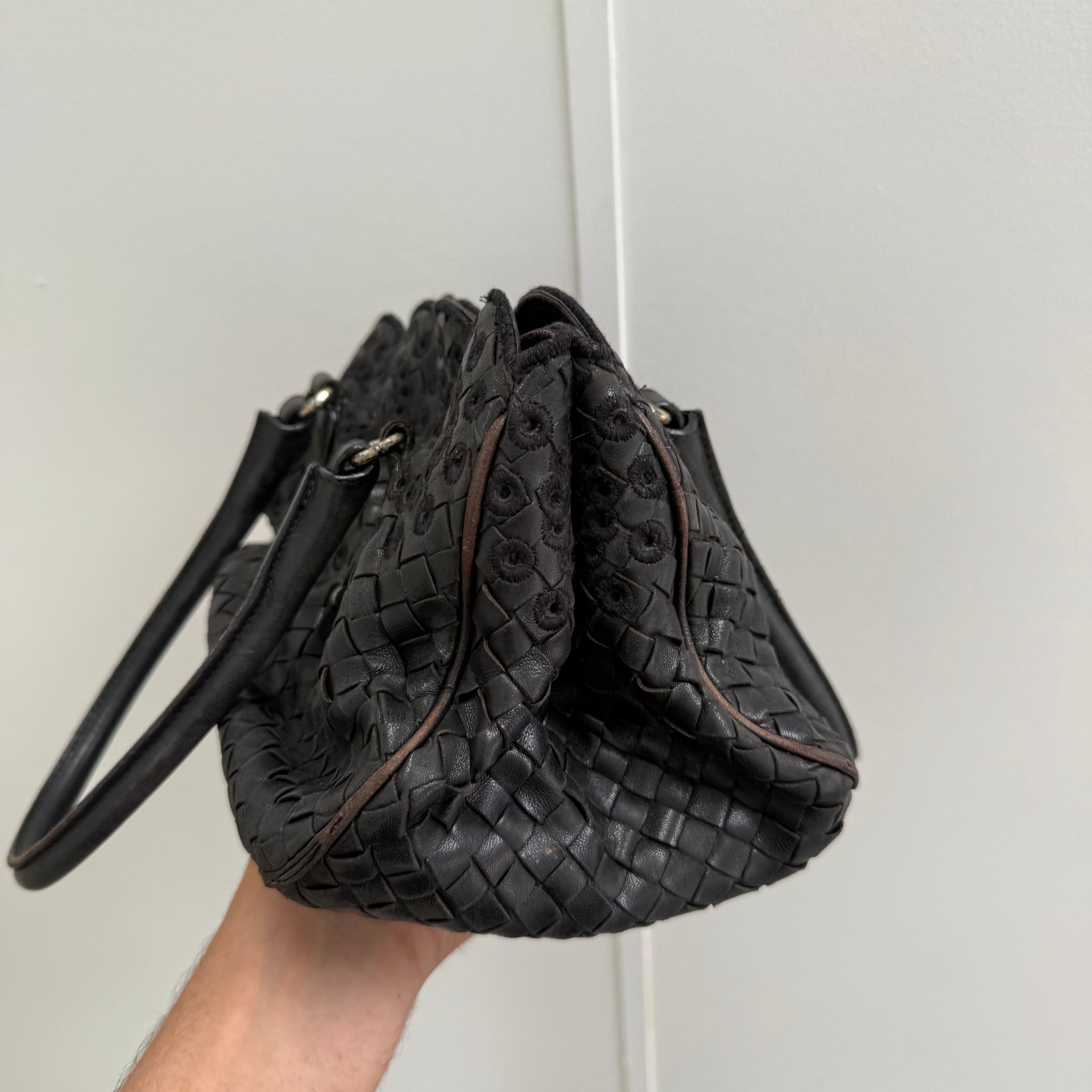 Bottega Veneta Black Flower Pattern Leather Shoulder Bag