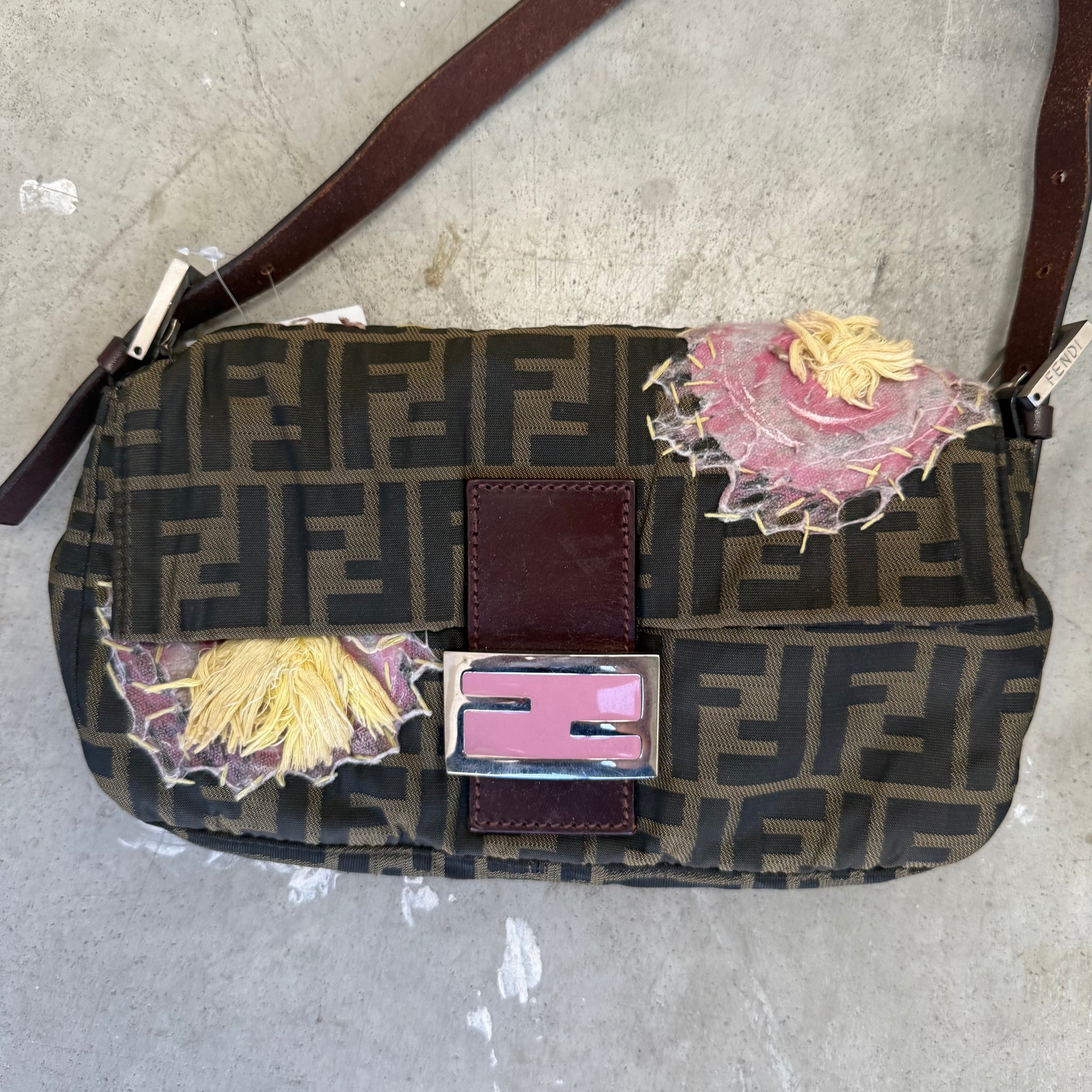 Fendi Baguette Brown Flower Applique Silver Hardware