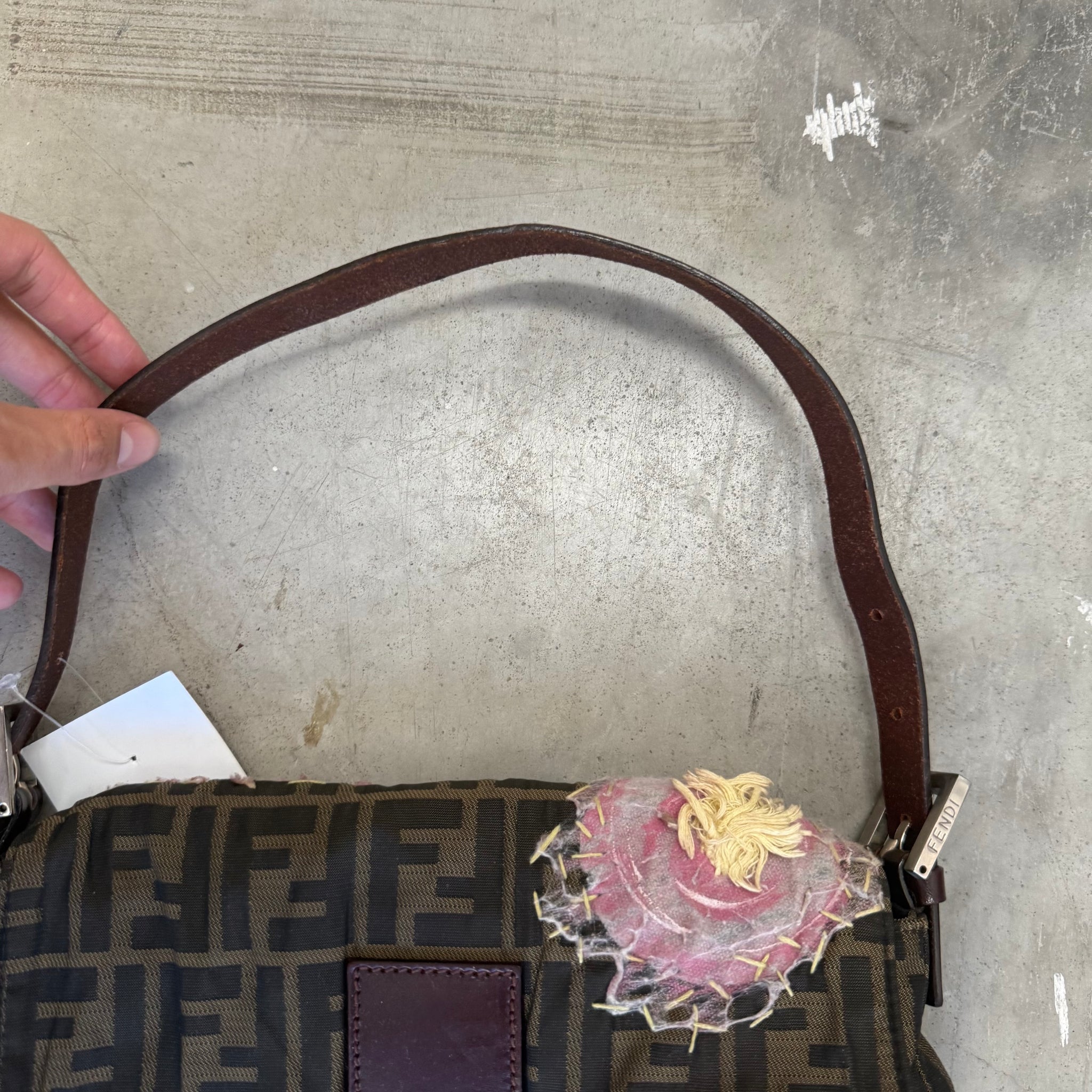 Fendi Baguette Brown Flower Applique Silver Hardware