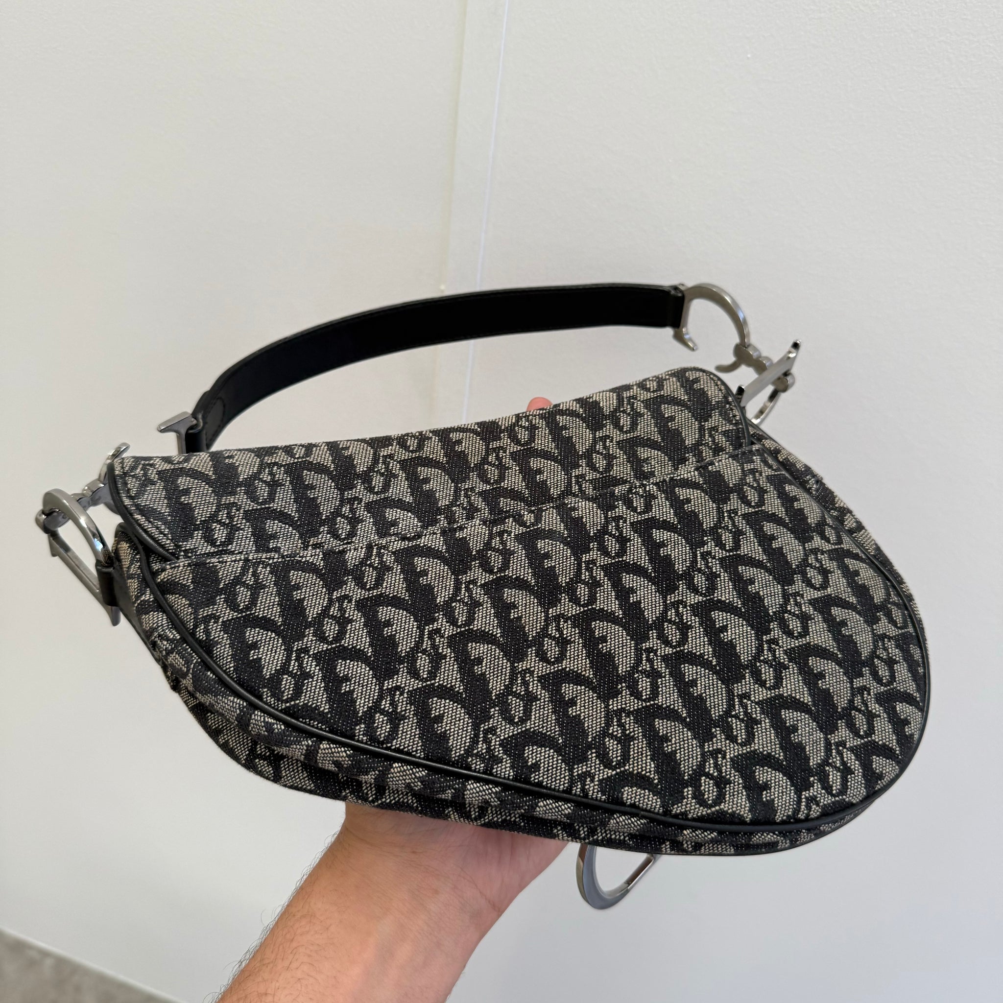 Dior Trotter Saddle Shoulder Bag Canvas Leather Navy Silver Hardware (2005)