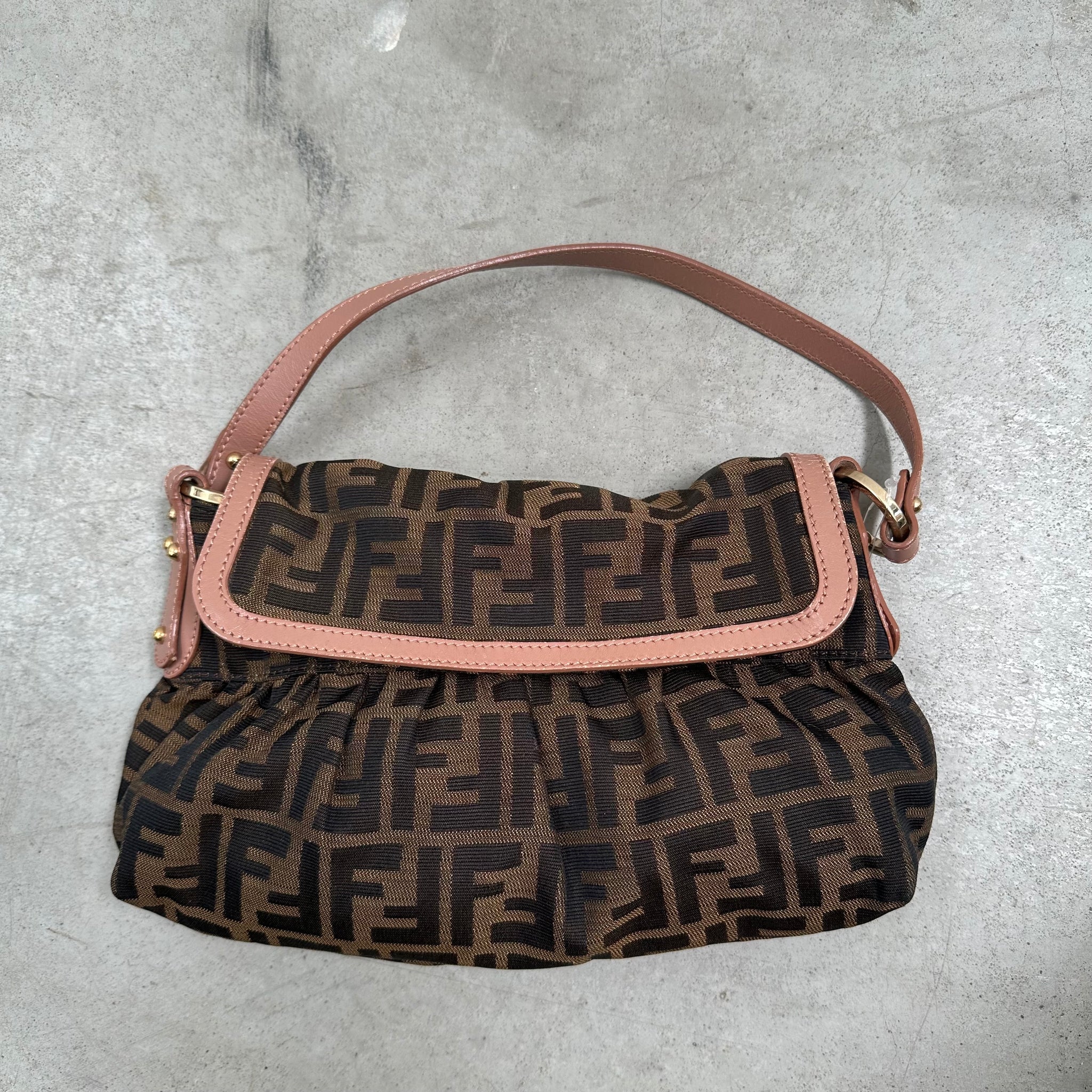 Fendi Zucca Print Canvas Leather Shoulder Bag Brown Pink