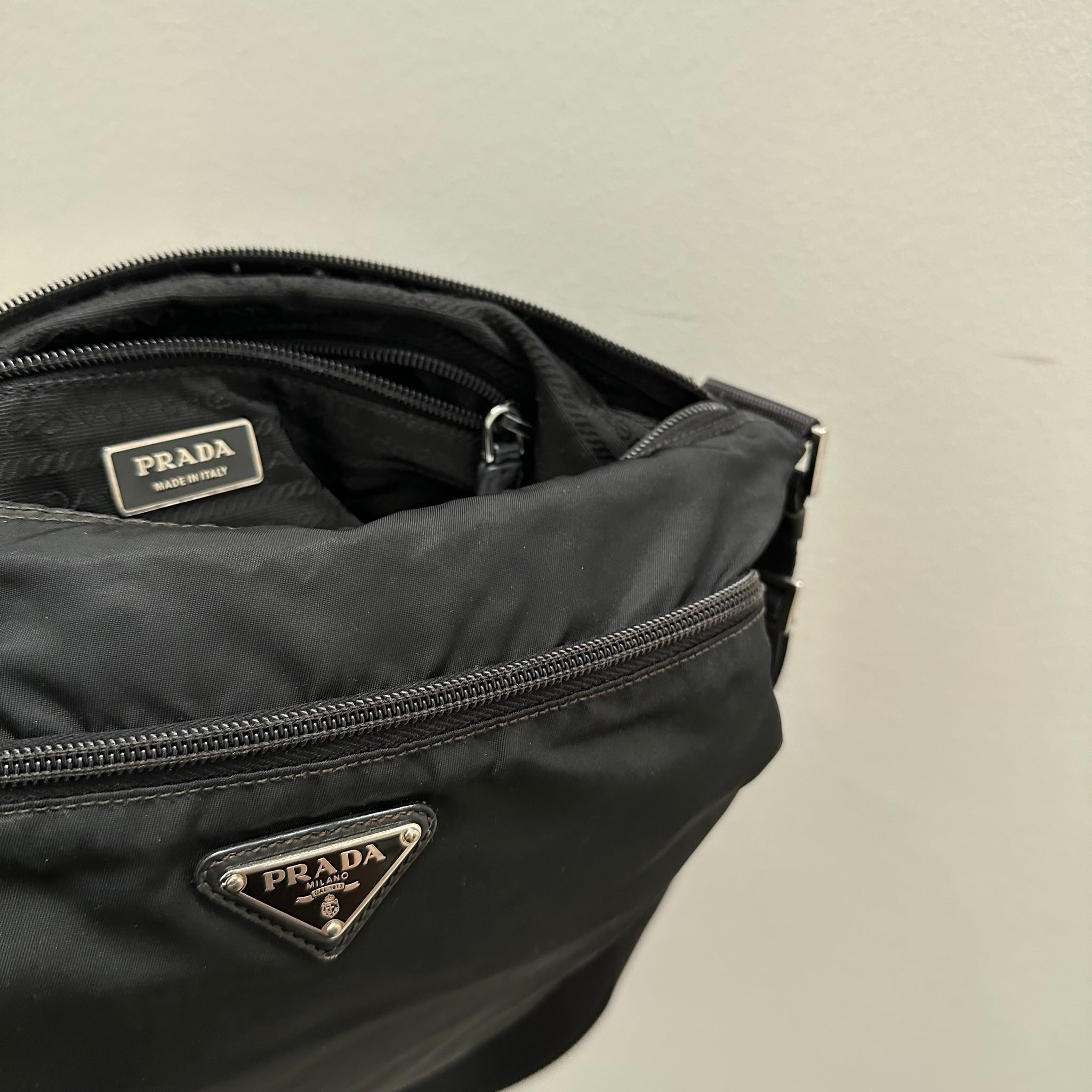 Prada Large Double Zip Black Nylon Crossbody Bag