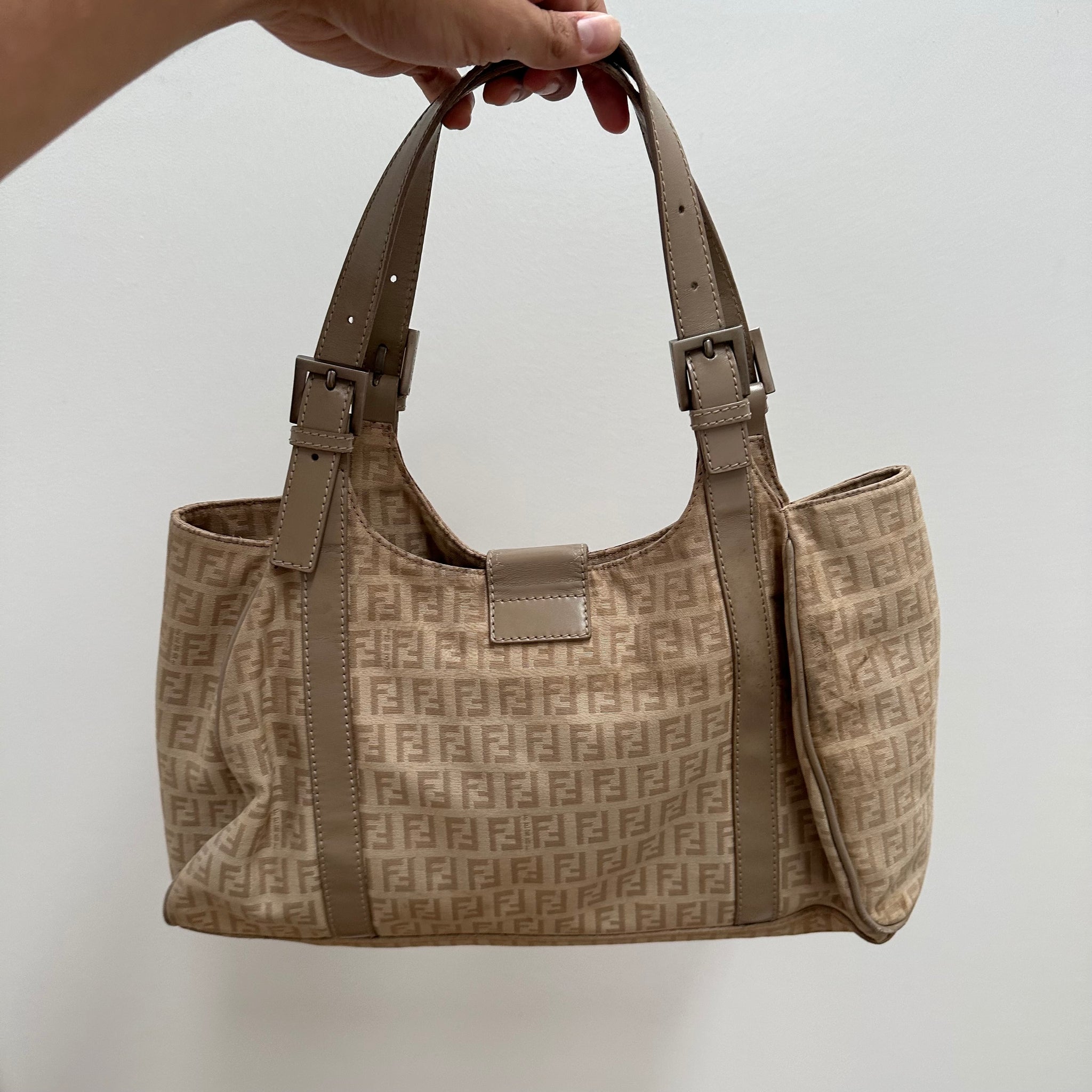 Fendi Zucchino Canvas Mamma Baguette Shoulder Bag Beige