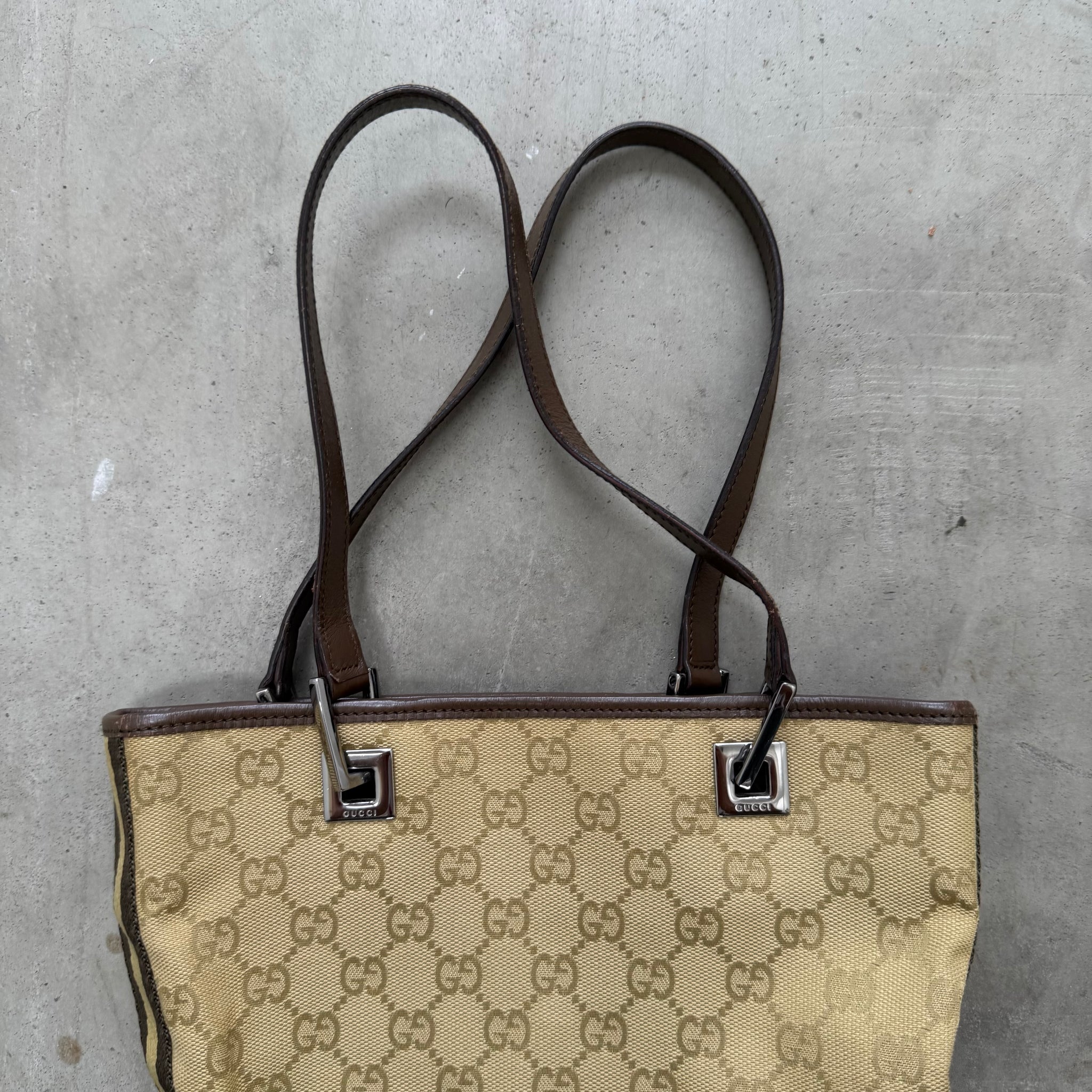 Gucci Side Stripe Metal Square Tote Bag Beige Canvas