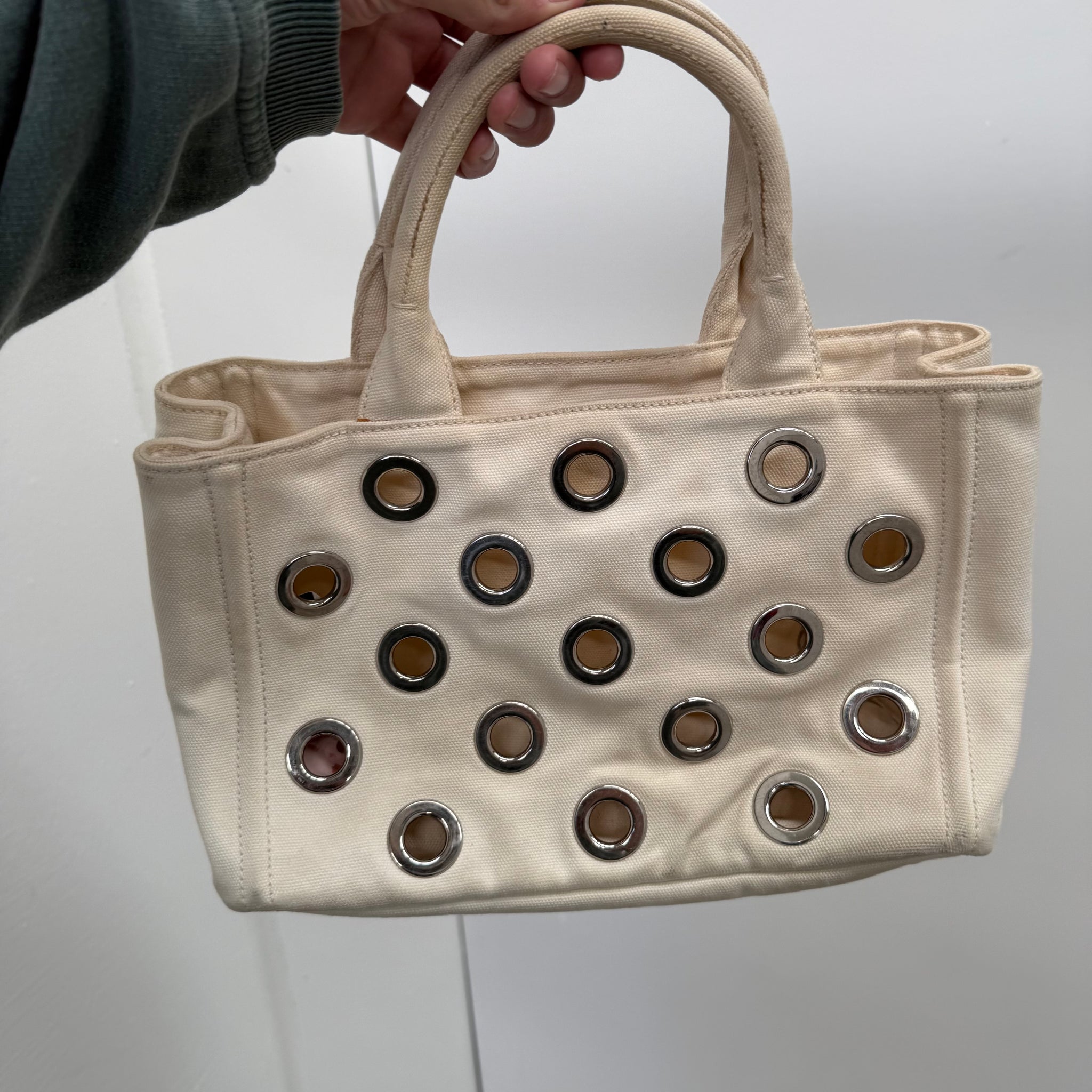 Prada White Canapa Grommet Embellished Canvas Canapa Tote Bag