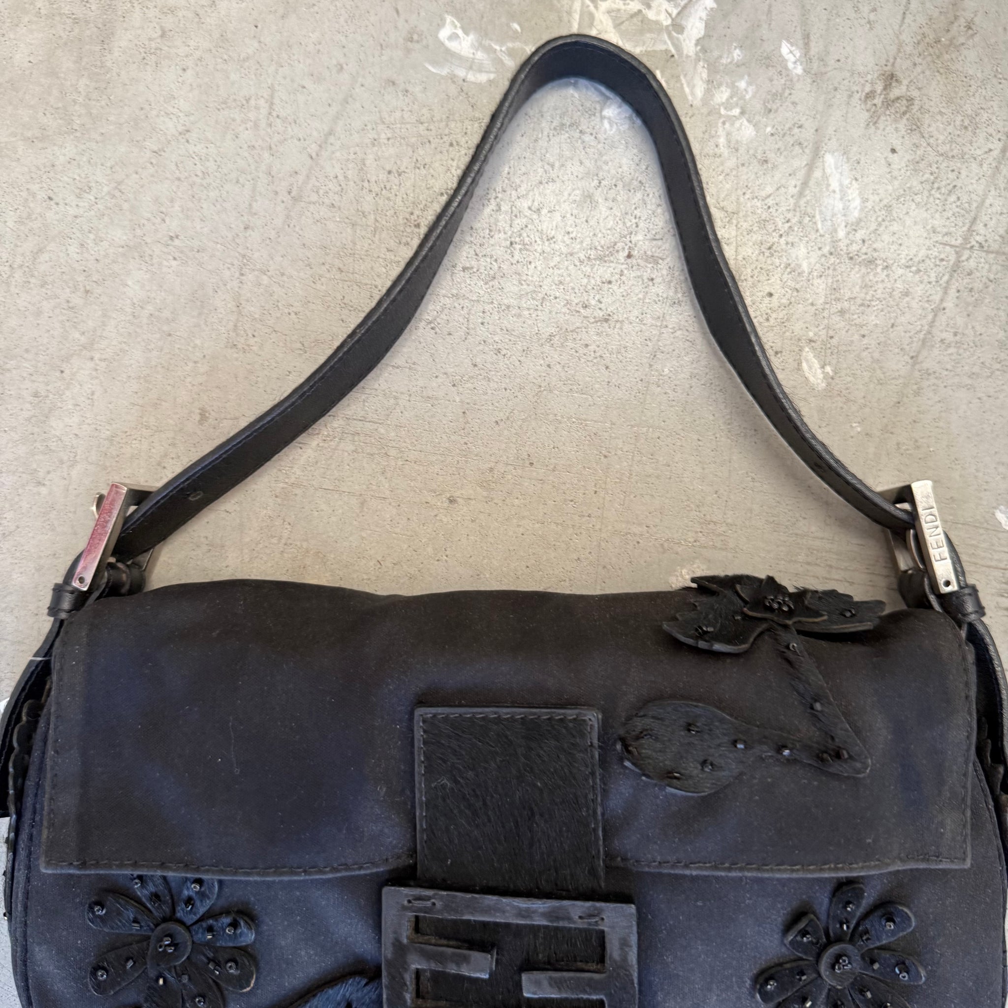 Fendi Floral Woolen Pony Baguette Black