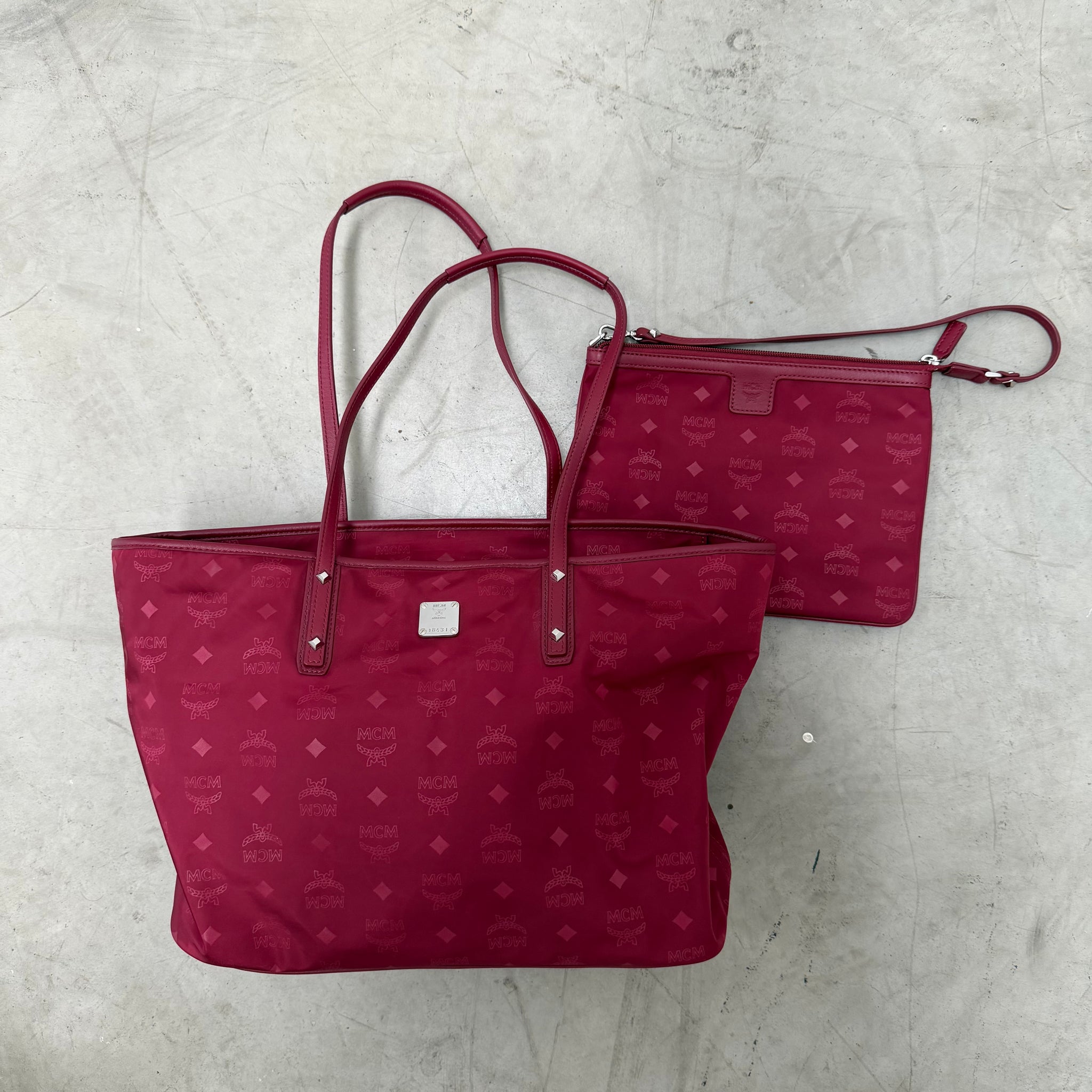 MCM Nylon Red Tote Bag with Shoulder Bag (2 Piece)
