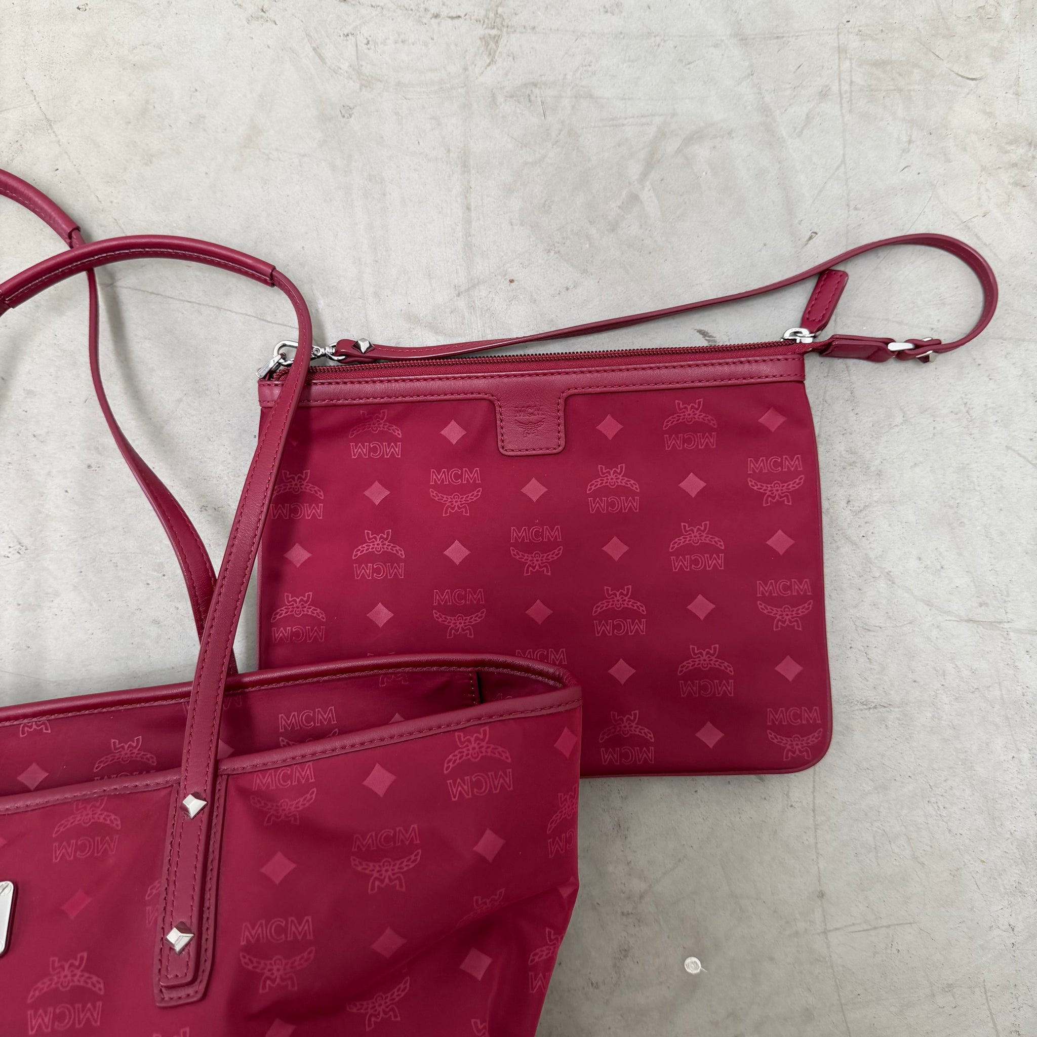 MCM Nylon Red Tote Bag with Shoulder Bag (2 Piece)