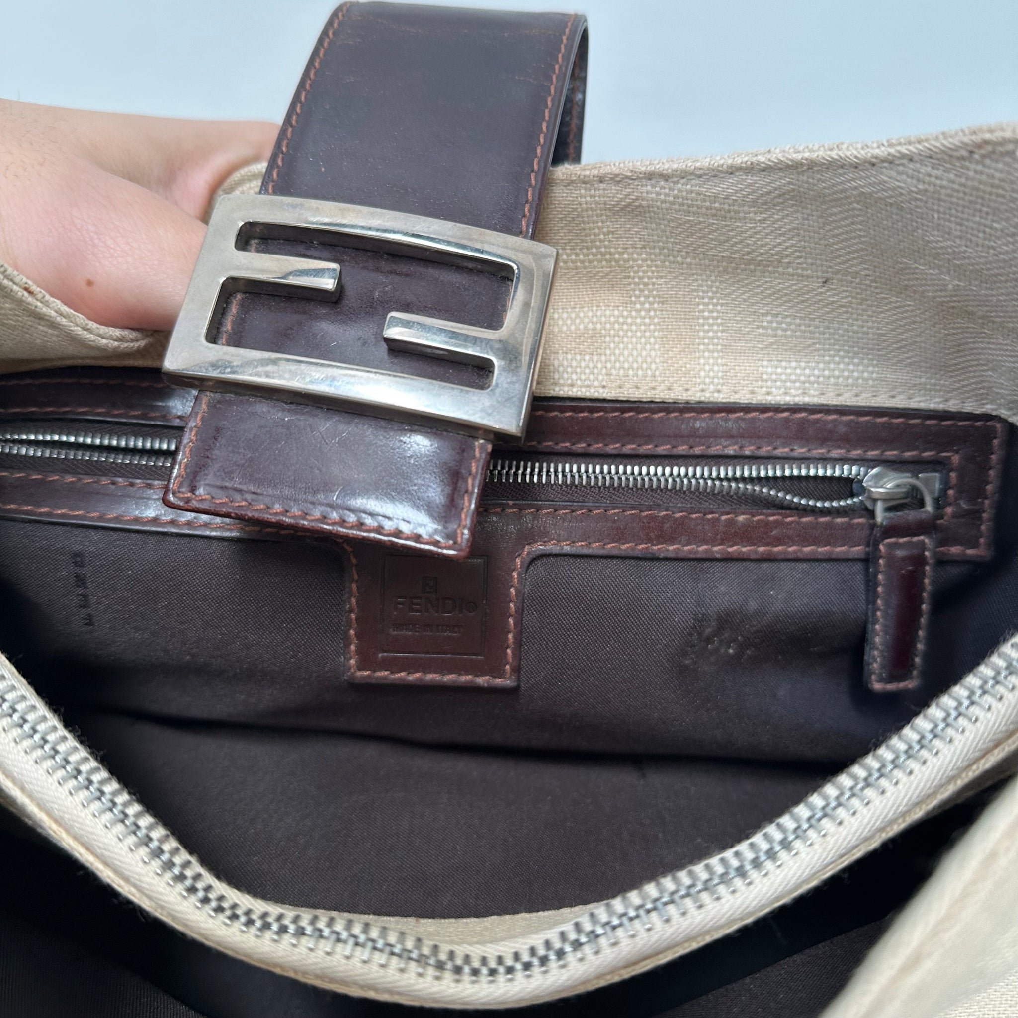 Fendi Zucca Canvas Mamma Baguette Shoulder Bag Cream