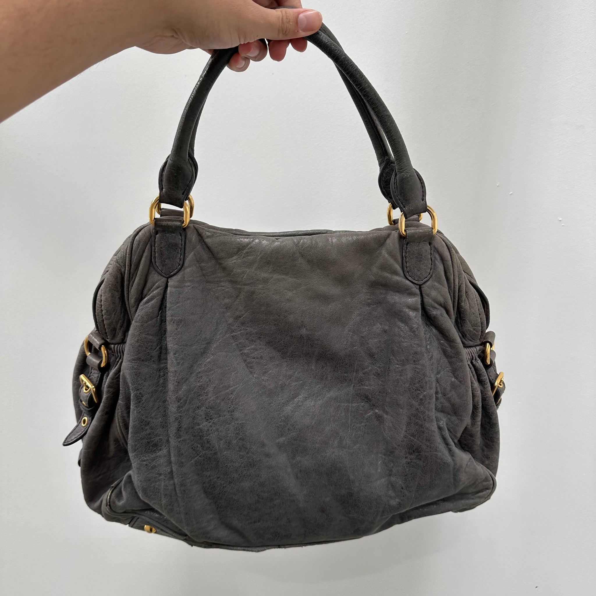 Miu Miu Padlock Charm Grey Leather Shoulder Bag