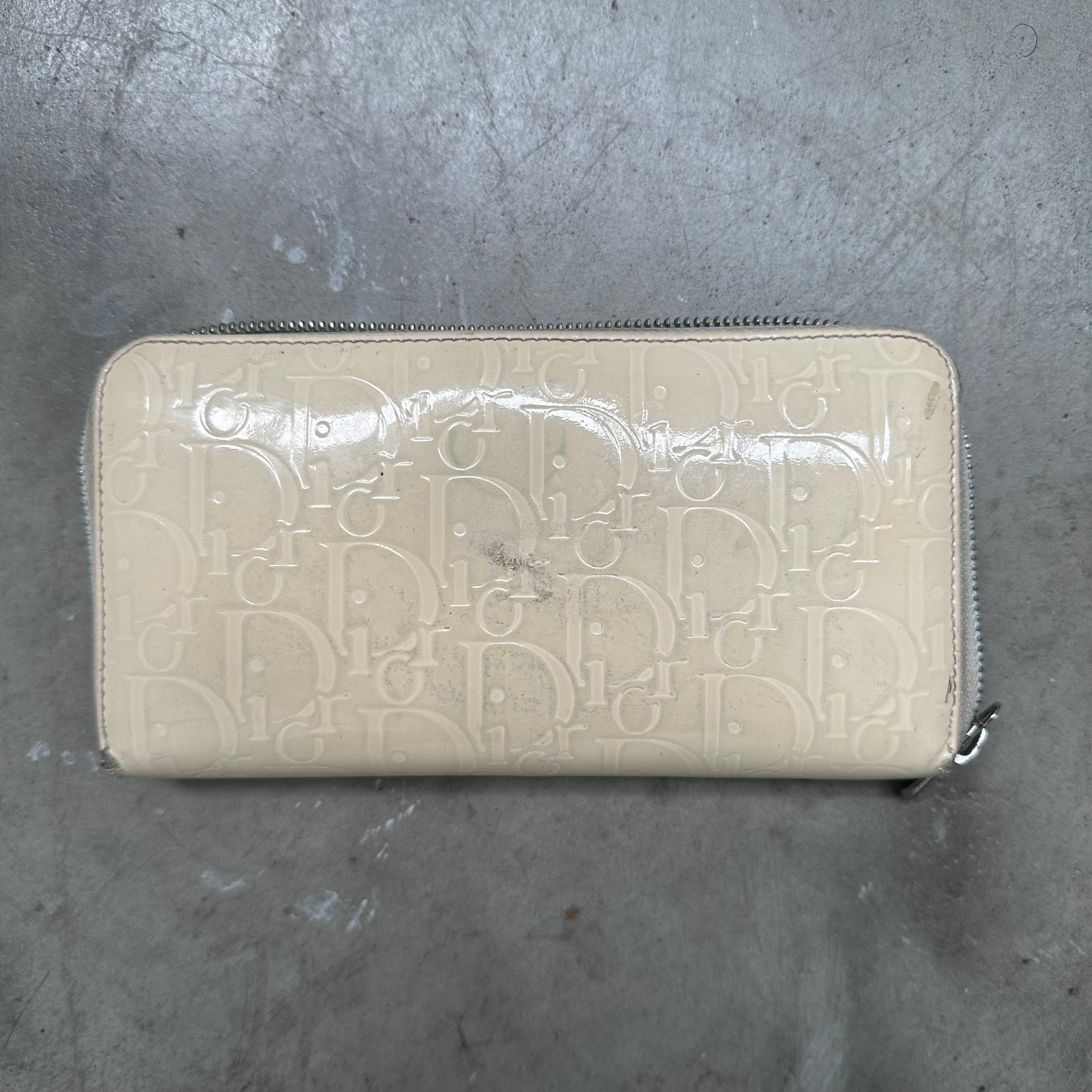 Dior Cream Logo Print Zip Around Long Wallet